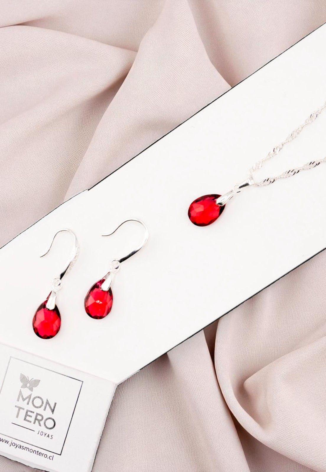 Aros + Collar Conjunto Milan Plata 925 Cristal Genuino Scarlet-2