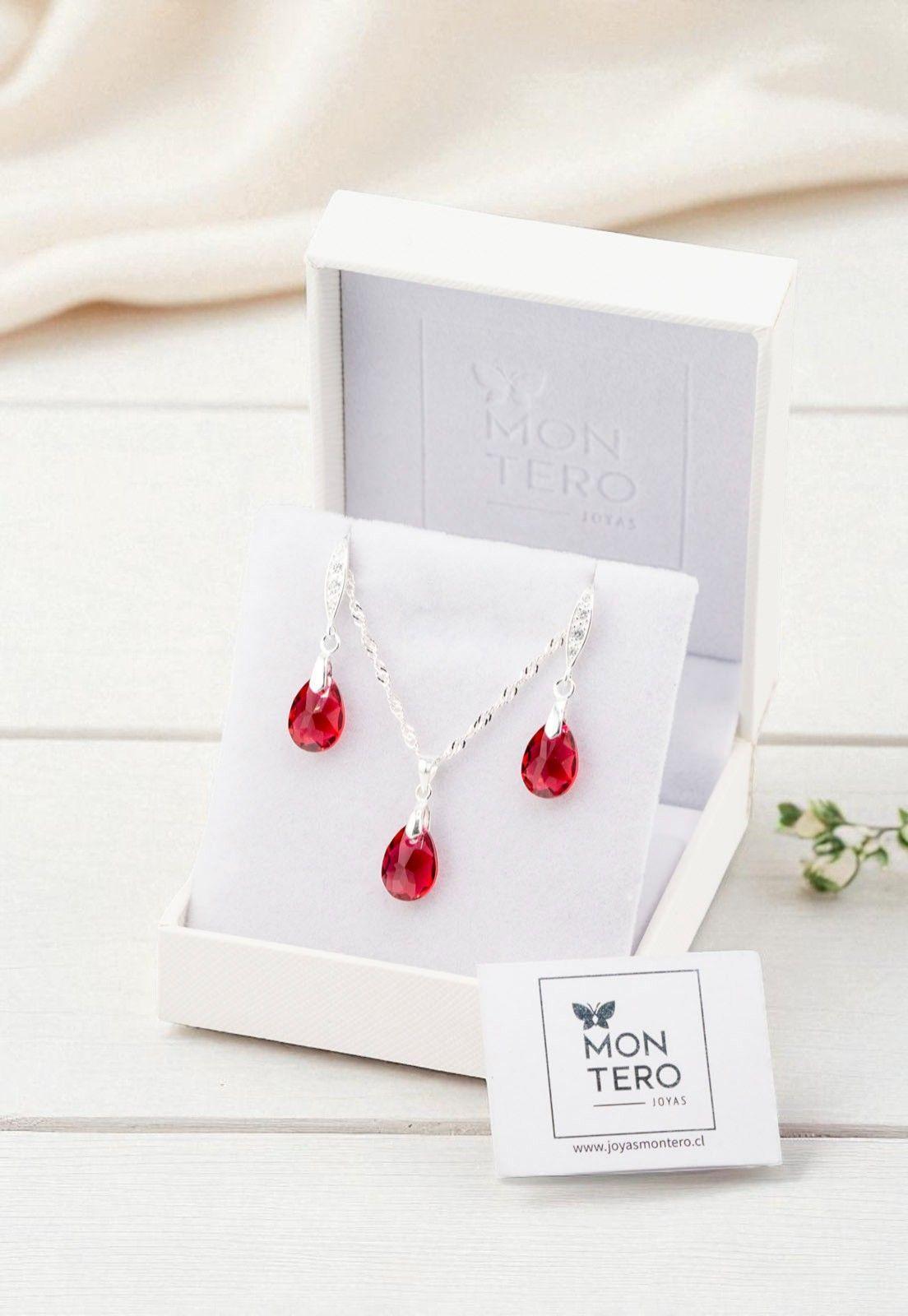 Aros + Collar Conjunto Milan Plata 925 Cristal Genuino Scarlet-3