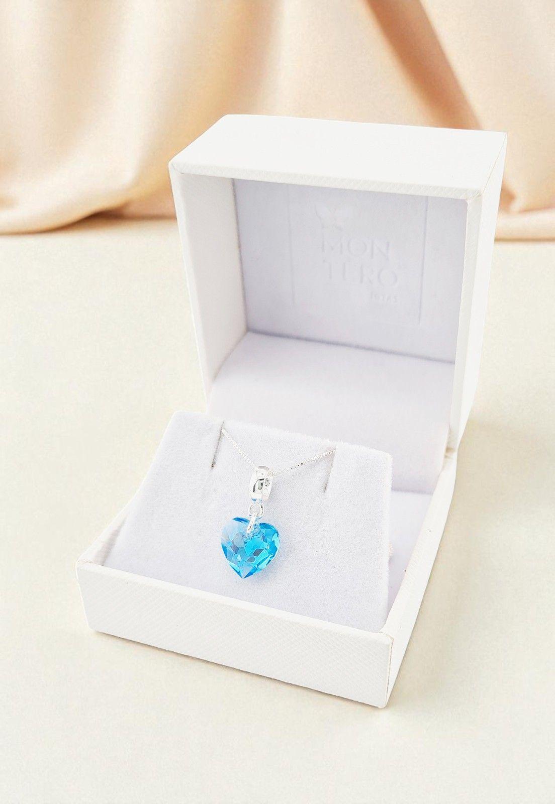 Collar Amor Baño Oro Blanco Cristal Genuino Aquamarine -1