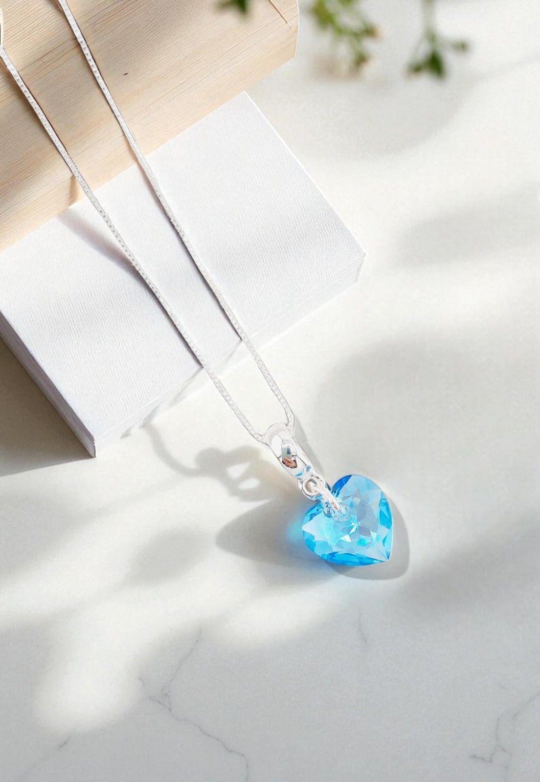 Collar Amor Baño Oro Blanco Cristal Genuino Aquamarine -2