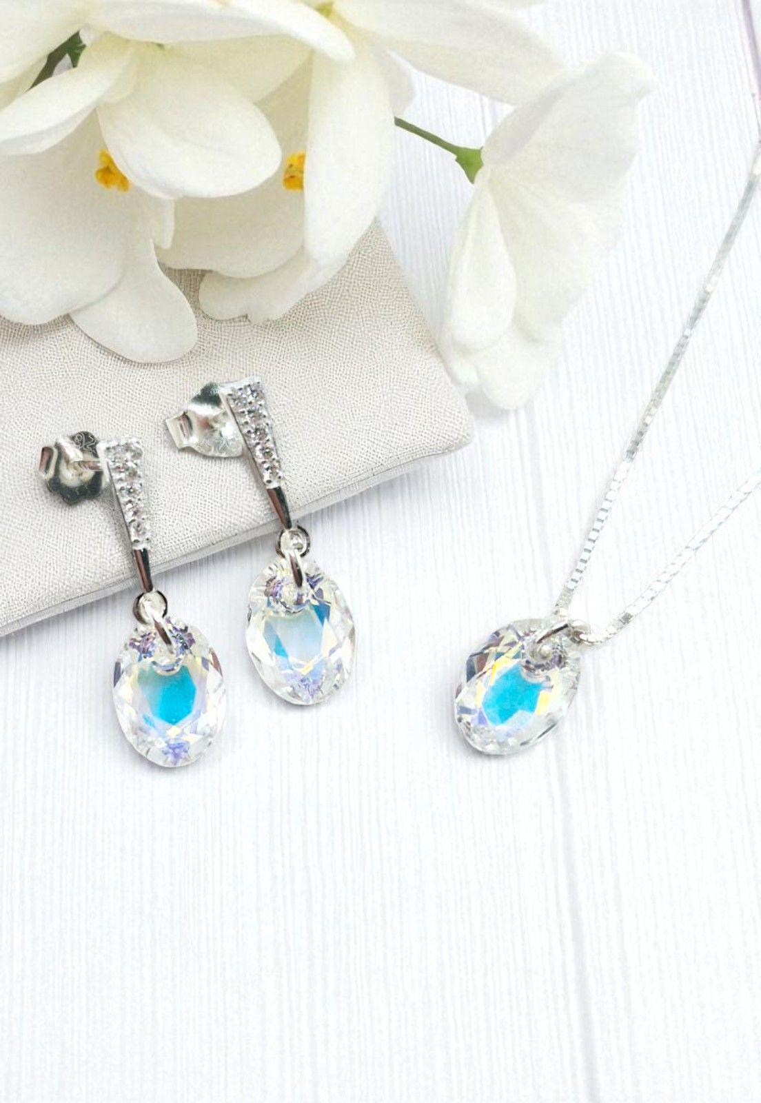 Aros +Collar Conjunto Antonia Plata 925 Cristal Genuino Aurora Boreal-2