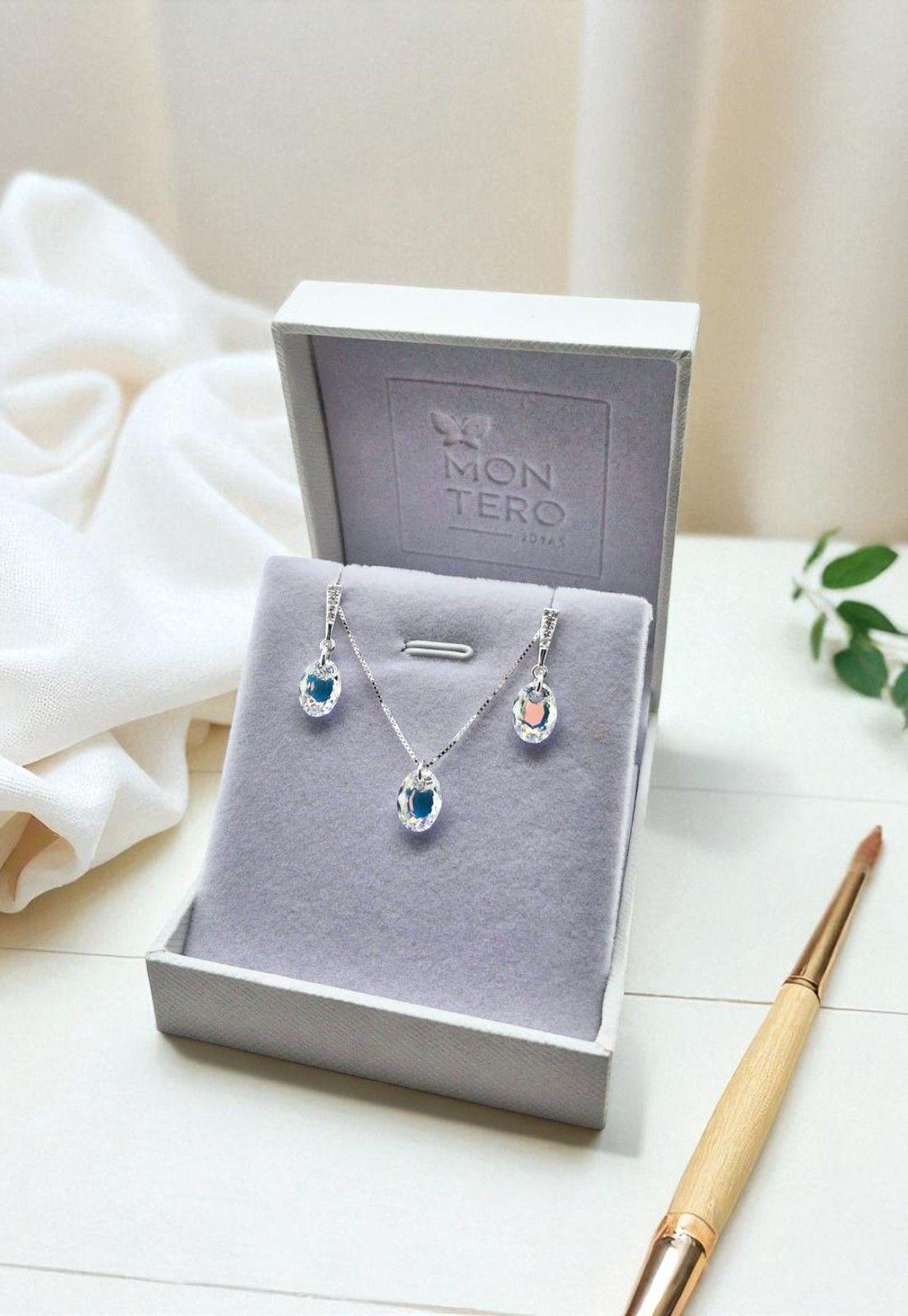 Aros +Collar Conjunto Antonia Plata 925 Cristal Genuino Aurora Boreal-3