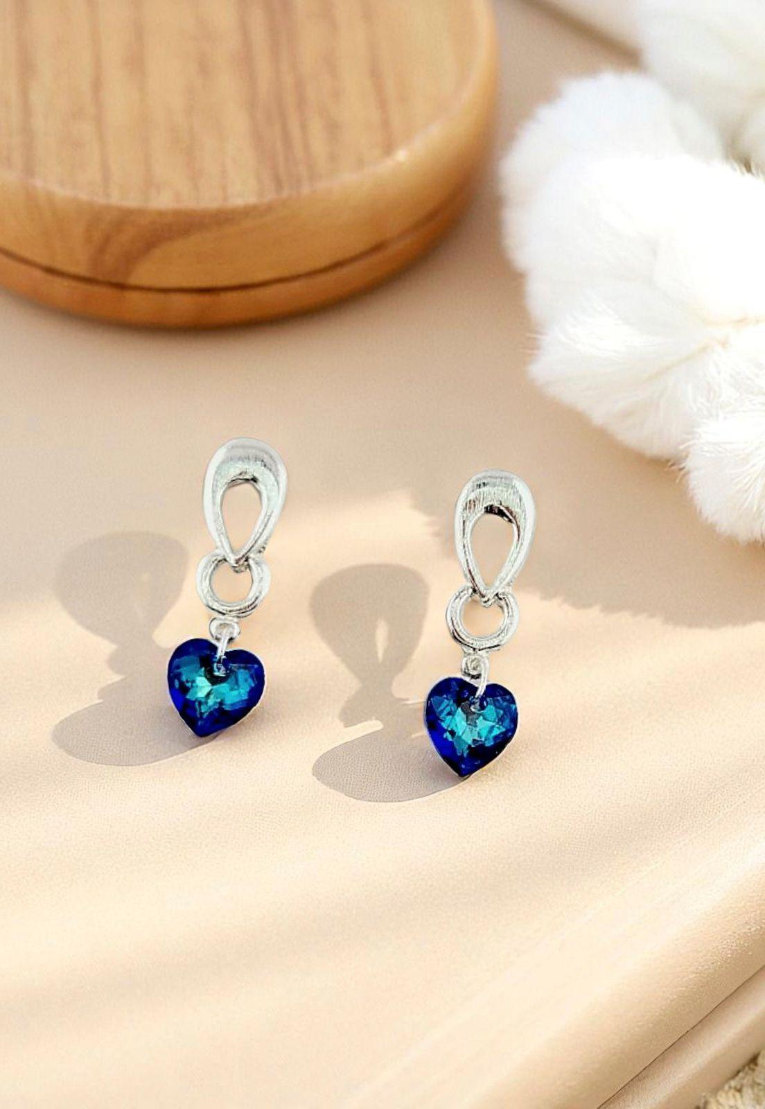 Aros Amor Baño de Oro Blanco Cristal Genuino Bermuda Blue-2