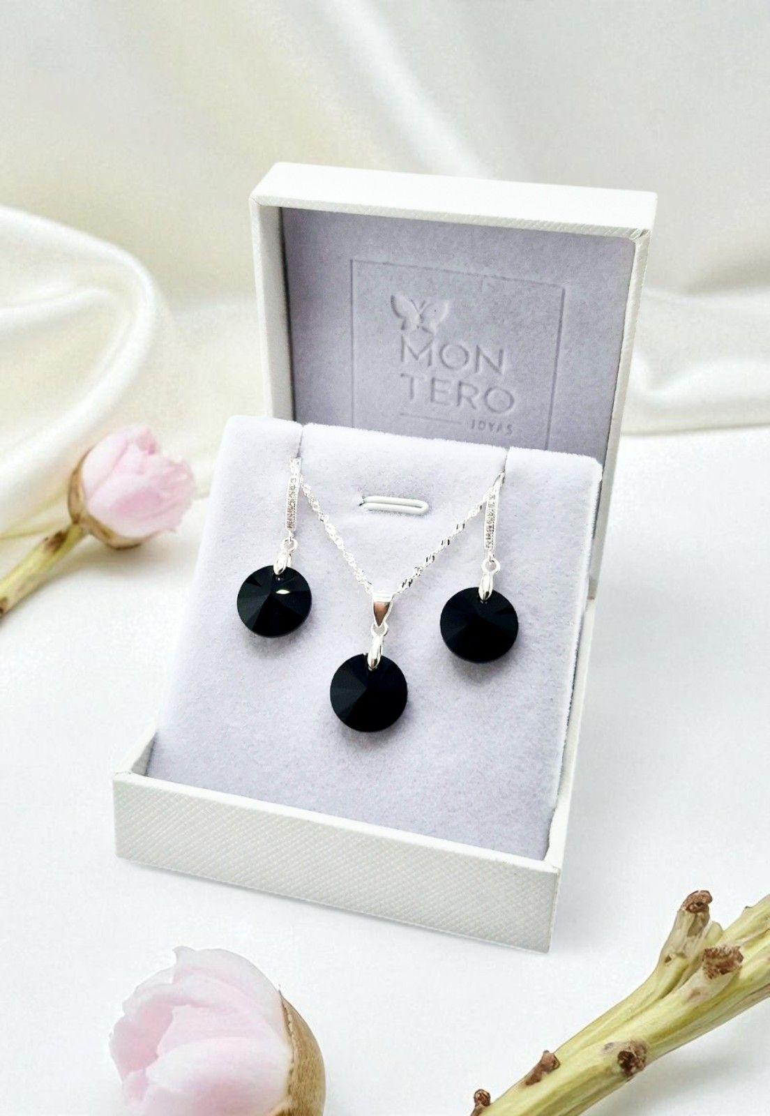 Collar + Aros Conjunto Madrid Plata 925 Cristal Genuino Jet-3