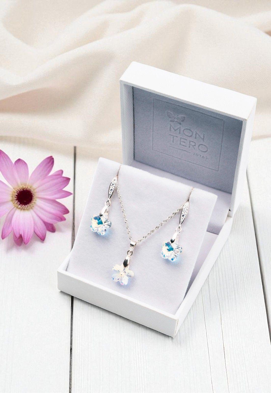 Conjunto Florencia Plata Italiana 925 Cristal Genuino Aurora Boreal-2