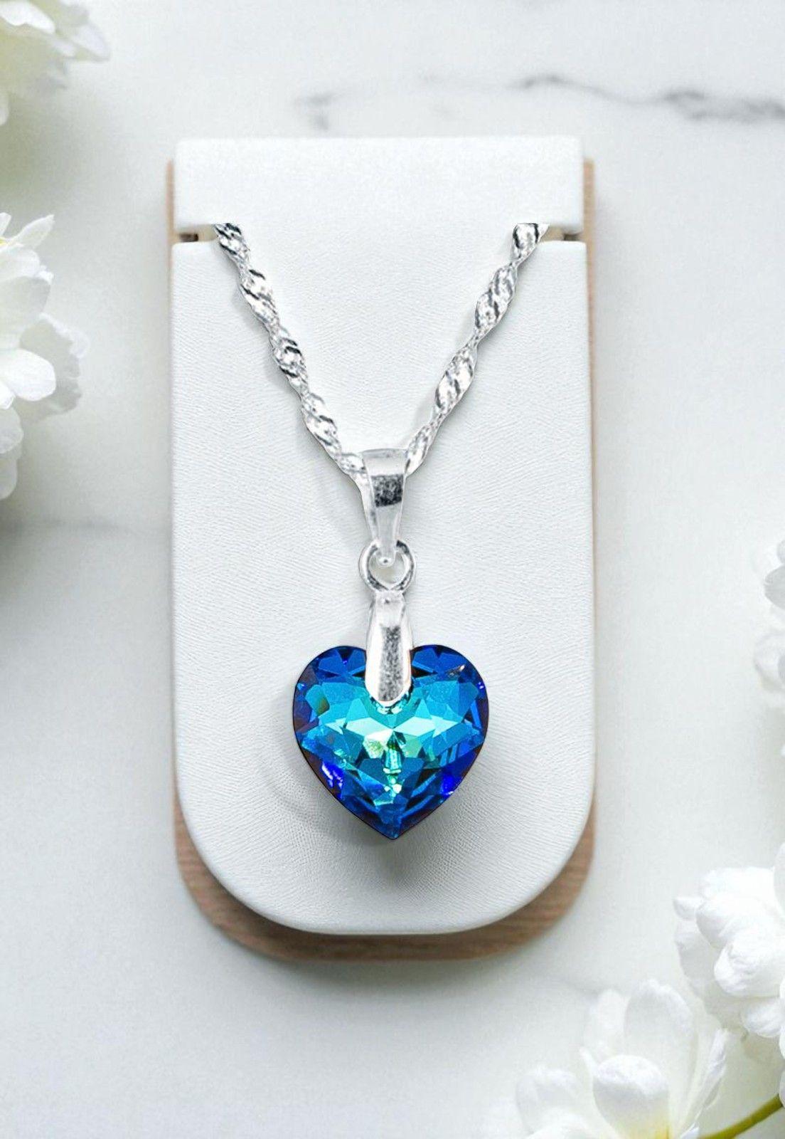 Collar Amor Plata Italiana 925 Cristal Genuino Bermuda Blue-2