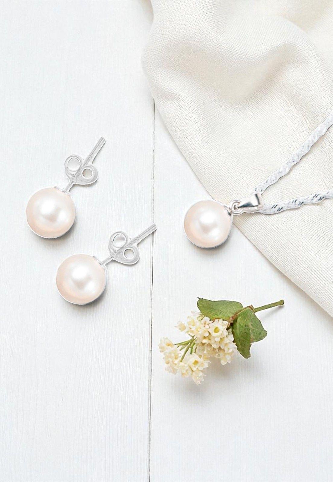 Aros + Collar Conjunto Viena Plata 925 Perla Genuina Cream-2