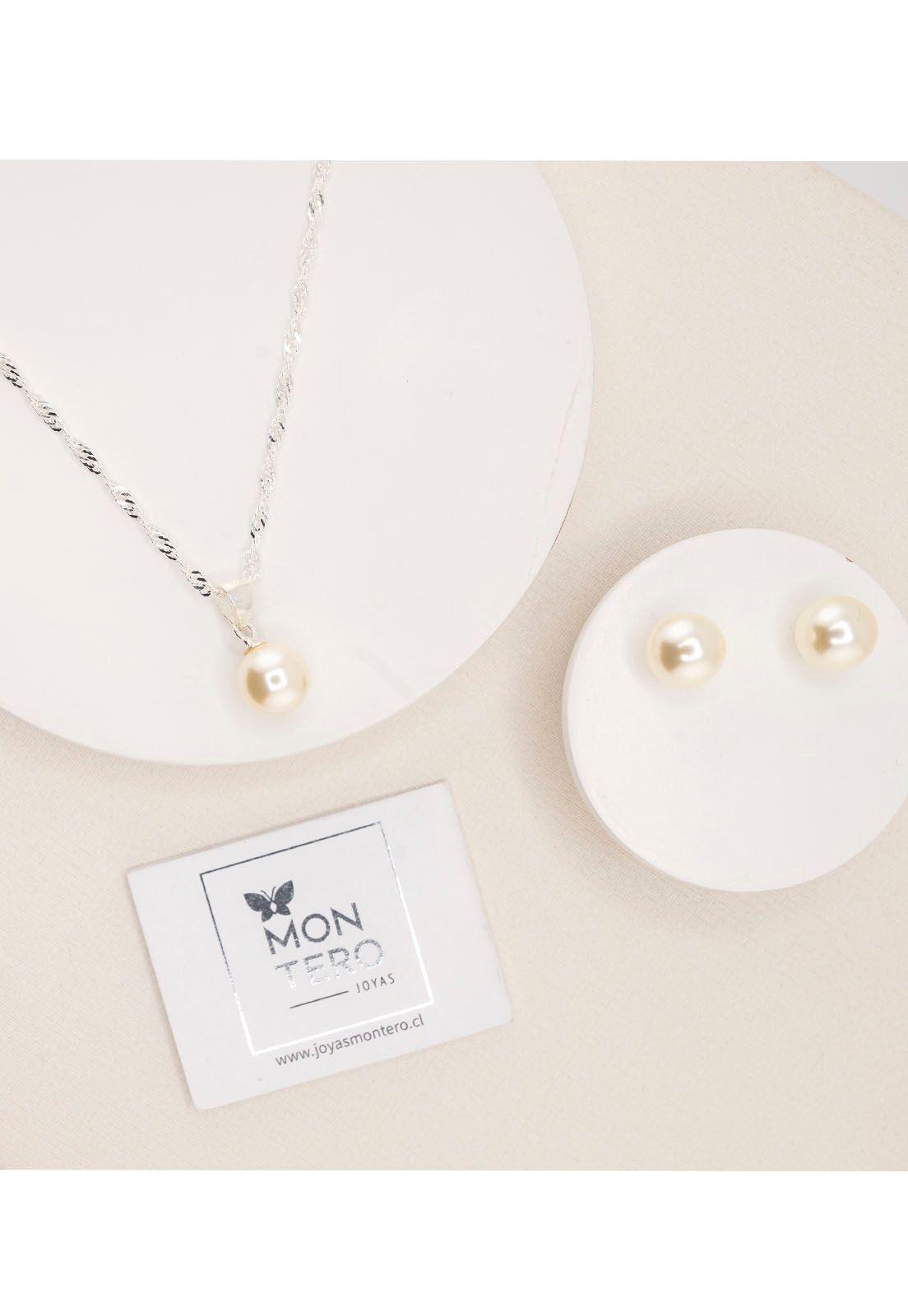 Aros + Collar Conjunto Viena Plata 925 Perla Genuina Cream-3