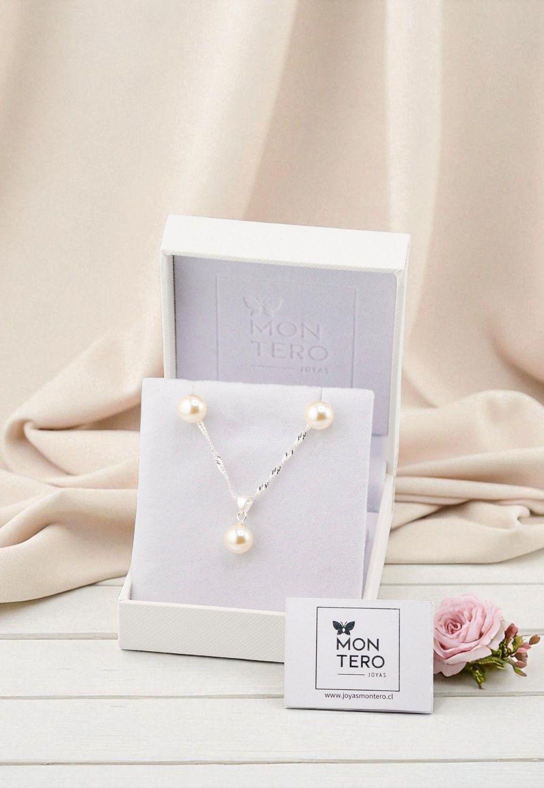 Aros + Collar Conjunto Viena Plata 925 Perla Genuina Cream-4