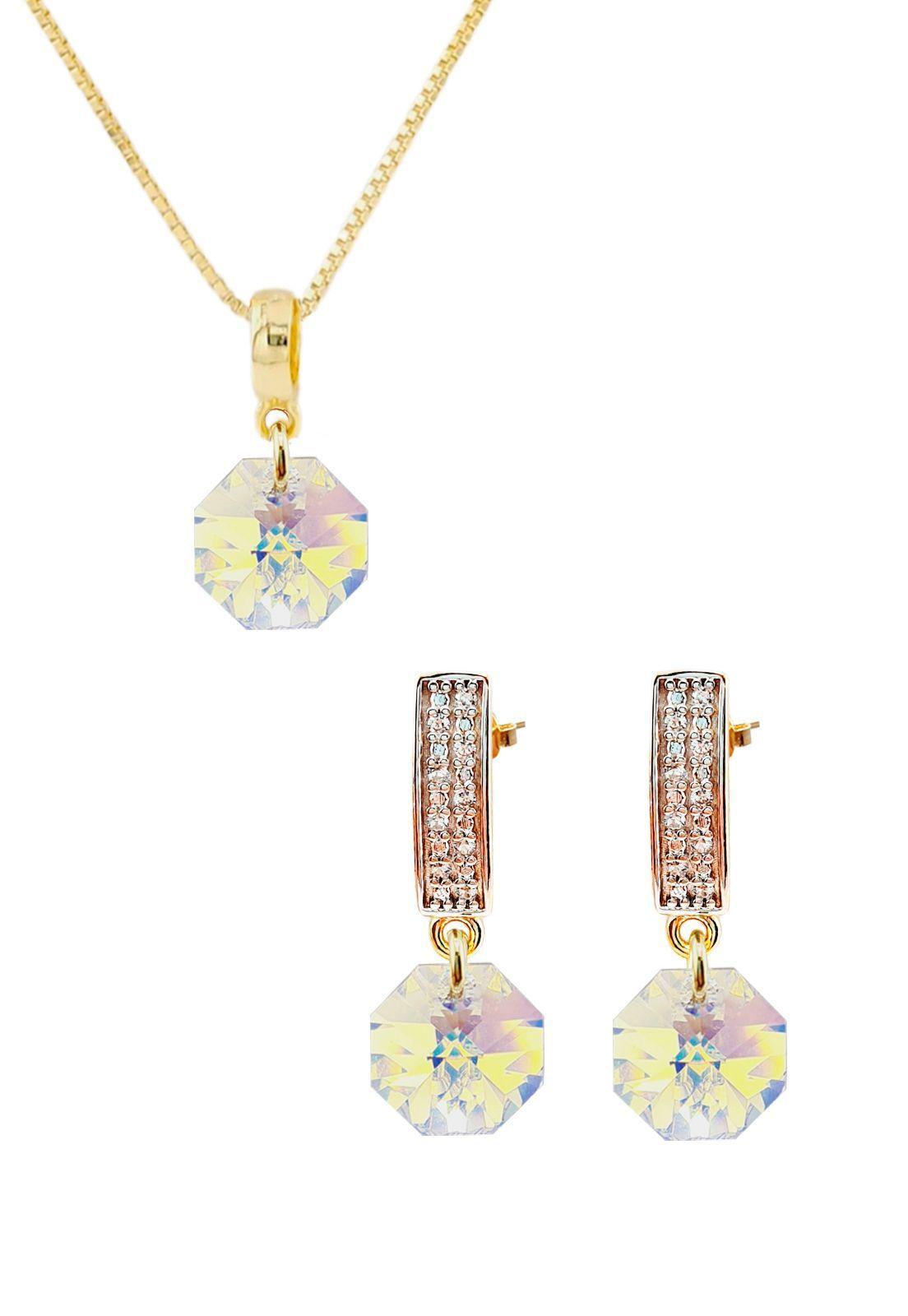Conjunto Bruselas Gold Baño de Oro Cristales Genuinos Aurora Boreal-0