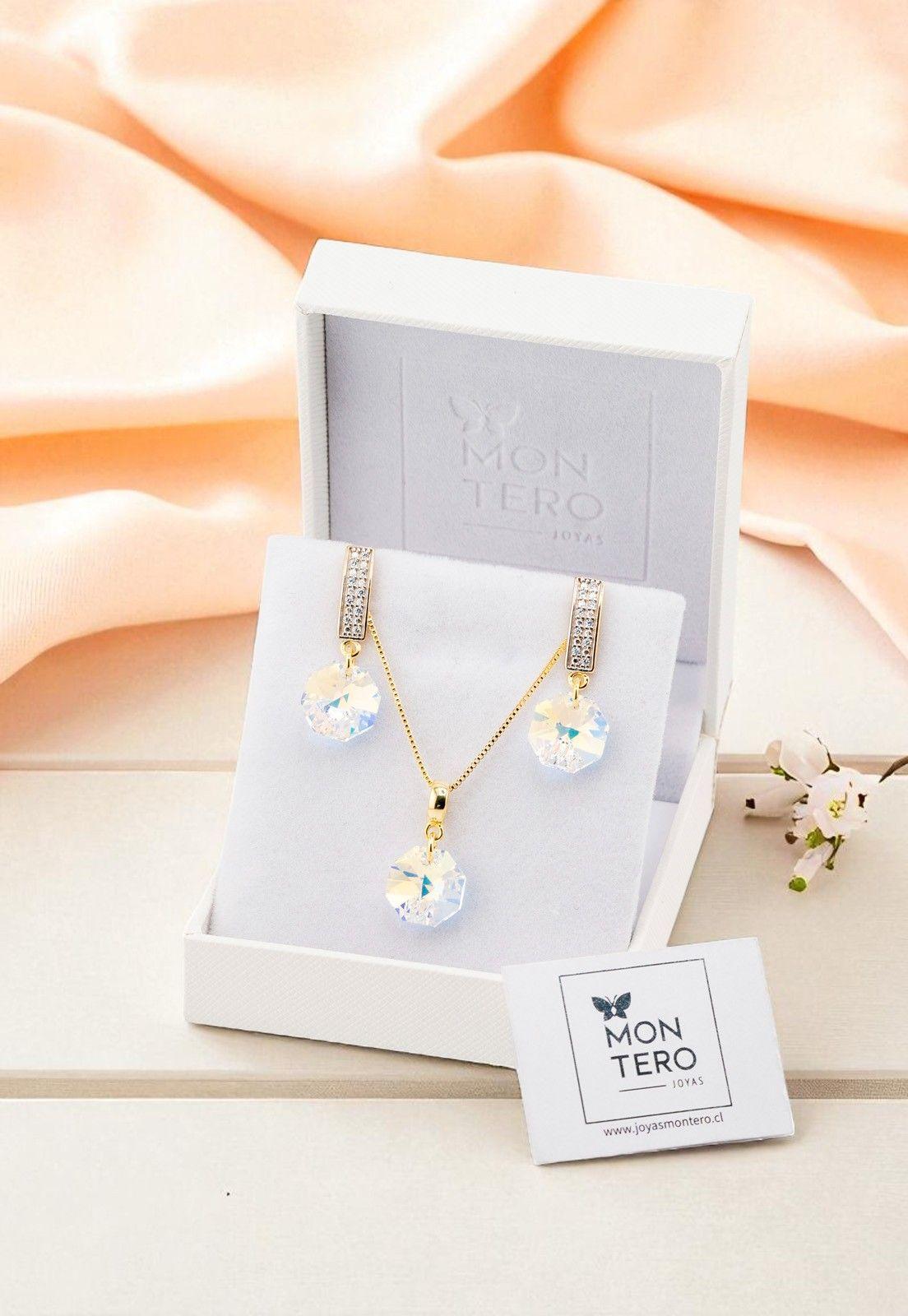 Conjunto Bruselas Gold 24K Baño de Oro Cristal Genuino Aurora Boreal-2