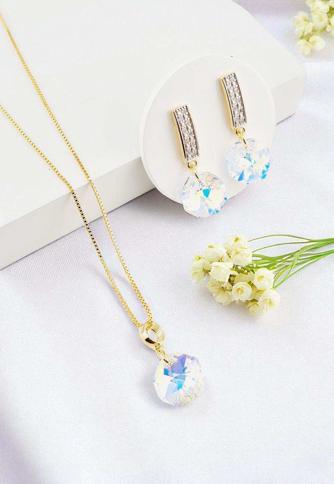 Conjunto Bruselas Gold 24K Baño de Oro Cristal Genuino Aurora Boreal-4