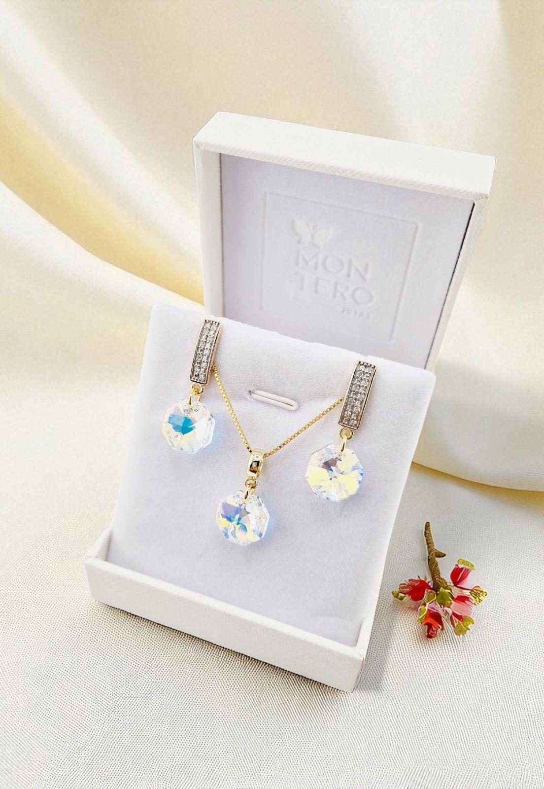 Conjunto Bruselas Gold 24K Baño de Oro Cristal Genuino Aurora Boreal-5