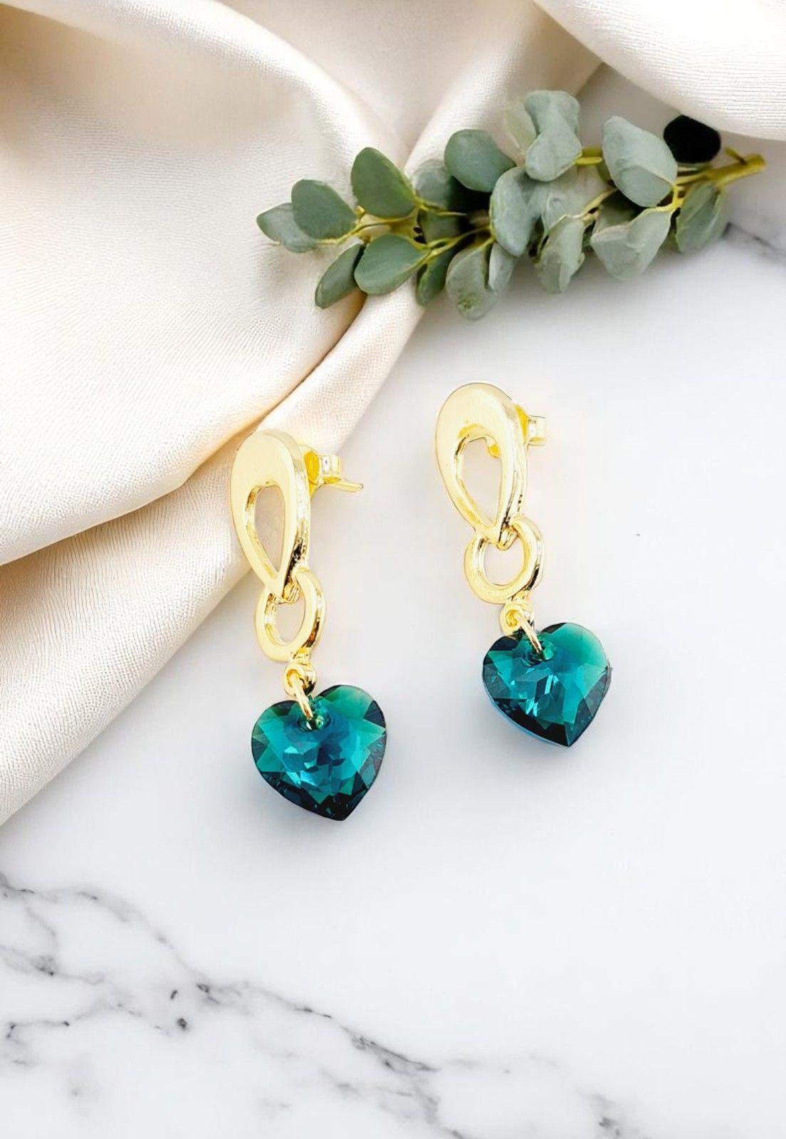 Aros Amor Gold Baño de Oro 24k Cristales Emerald.-2