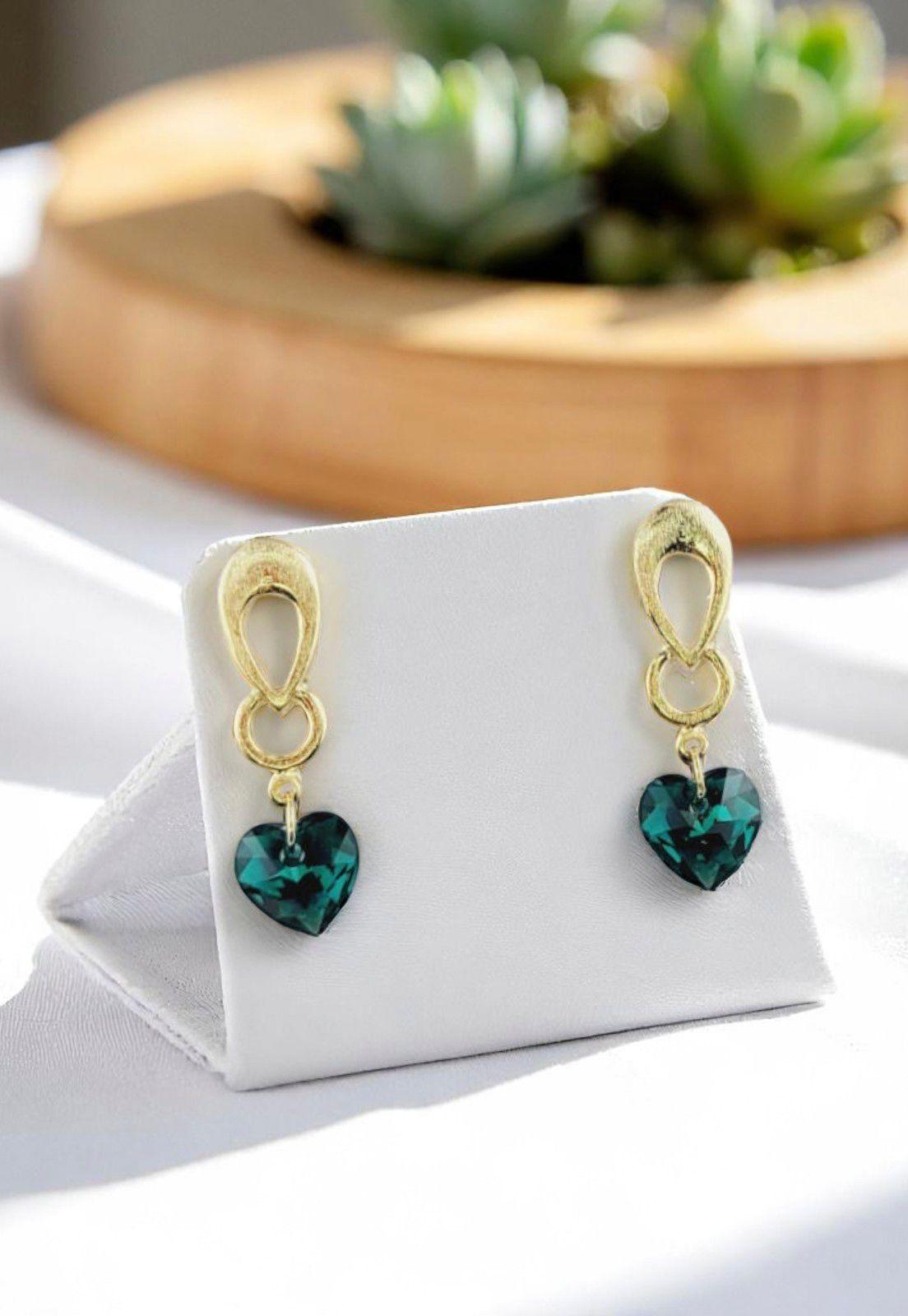Aros Amor Gold Baño de Oro 24k Cristales Emerald.-3