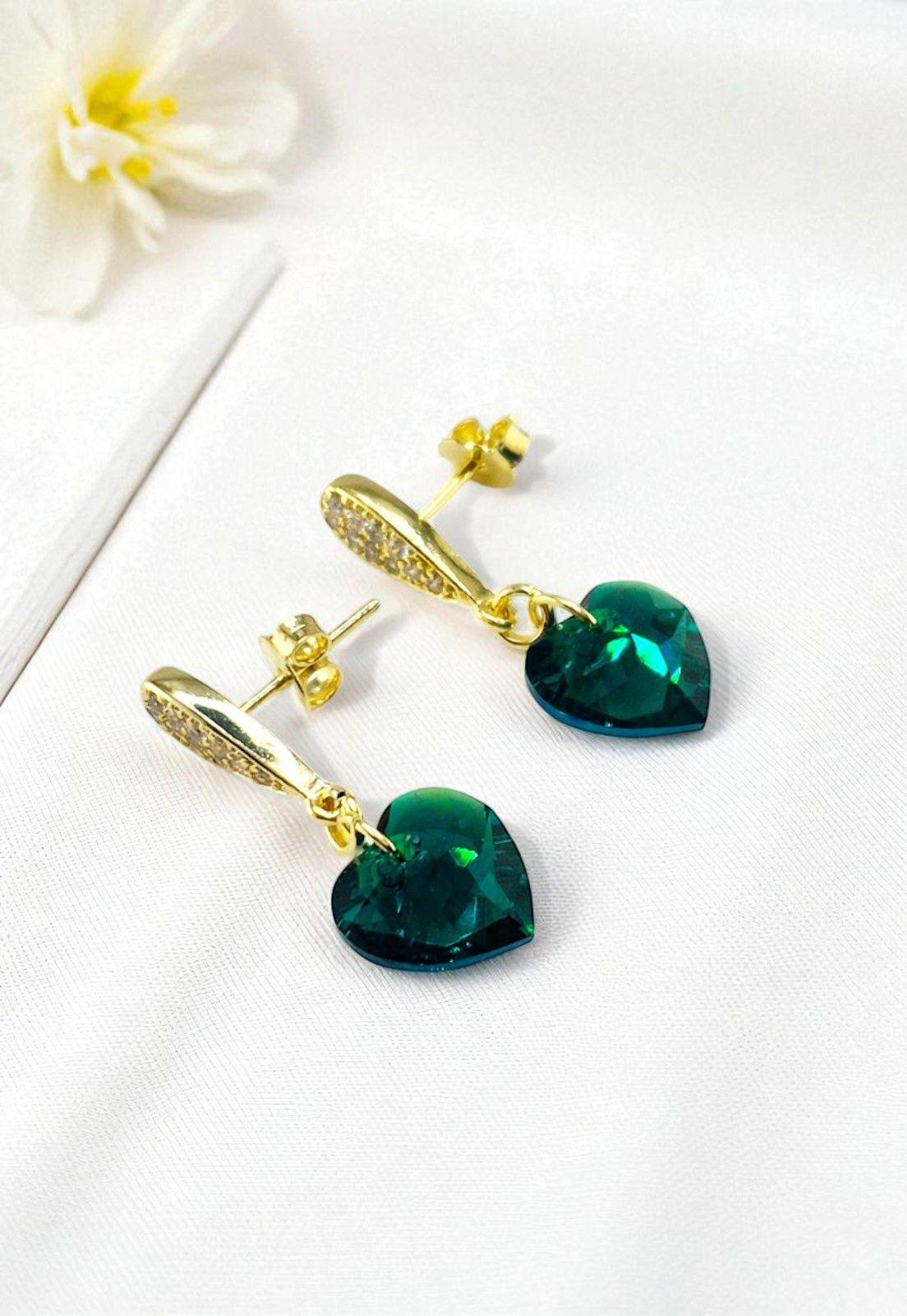 Aros Amor Gold 24K Cristal Genuino Emerald-3