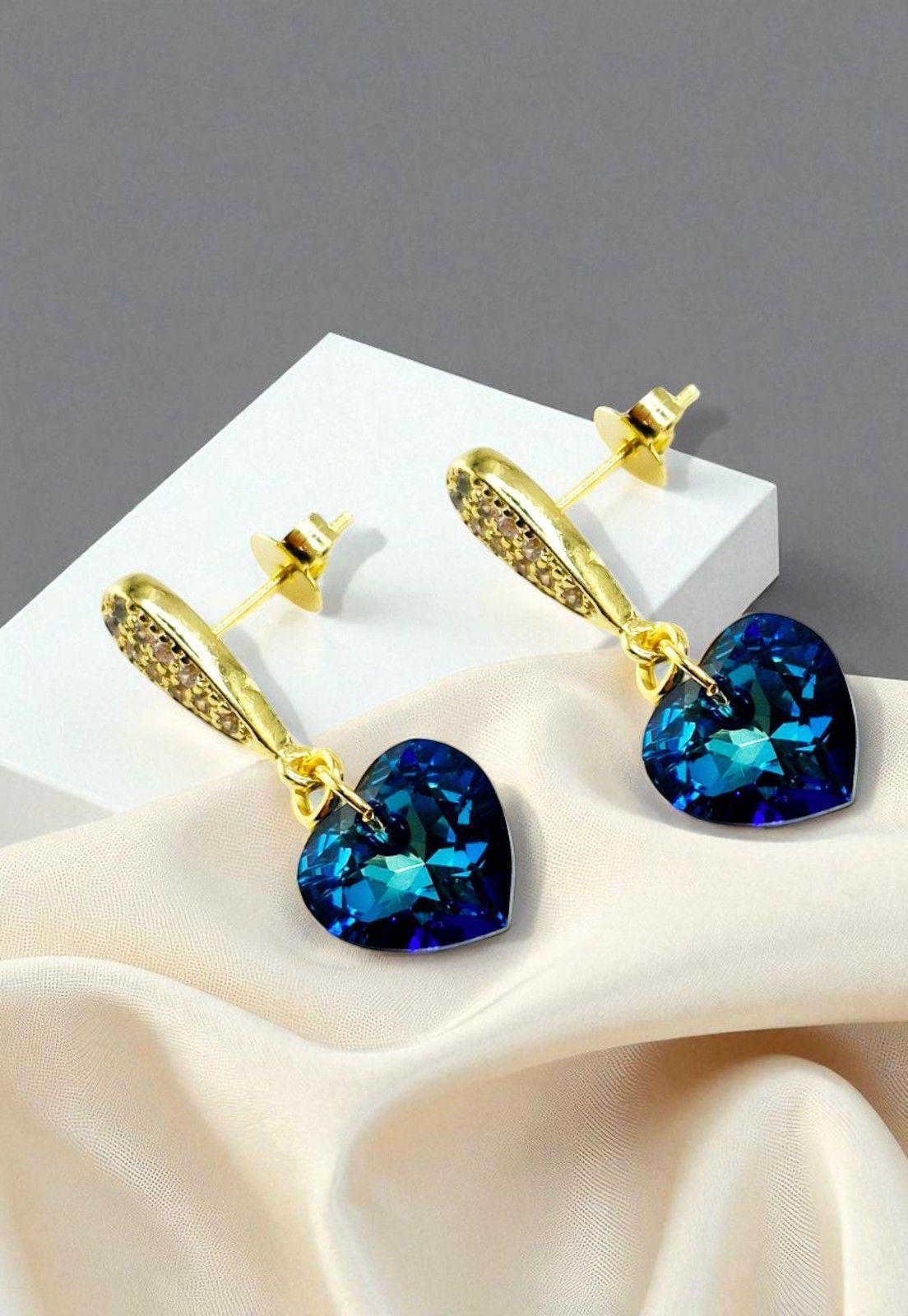 Aros Amor Gold  Baño de Oro 24k Cristal Genuino Bermuda Blue-2