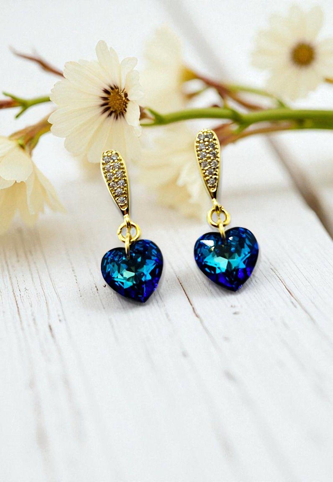 Aros Amor Gold  Baño de Oro 24k Cristal Genuino Bermuda Blue-3