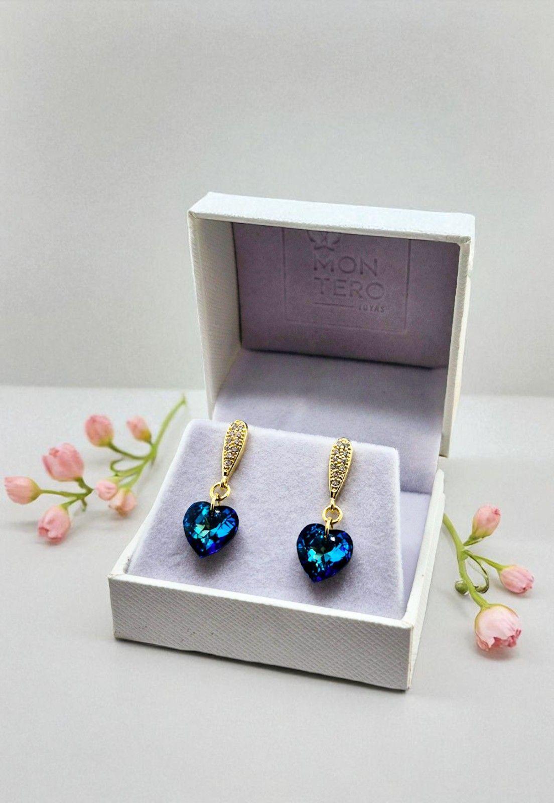 Aros Amor Gold  Baño de Oro 24k Cristal Genuino Bermuda Blue-4