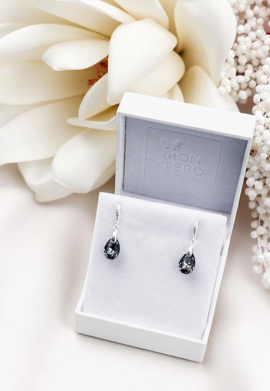 Aros Gota De Luz Plata Italiana 925 Cristal Genuino Silver Night-3