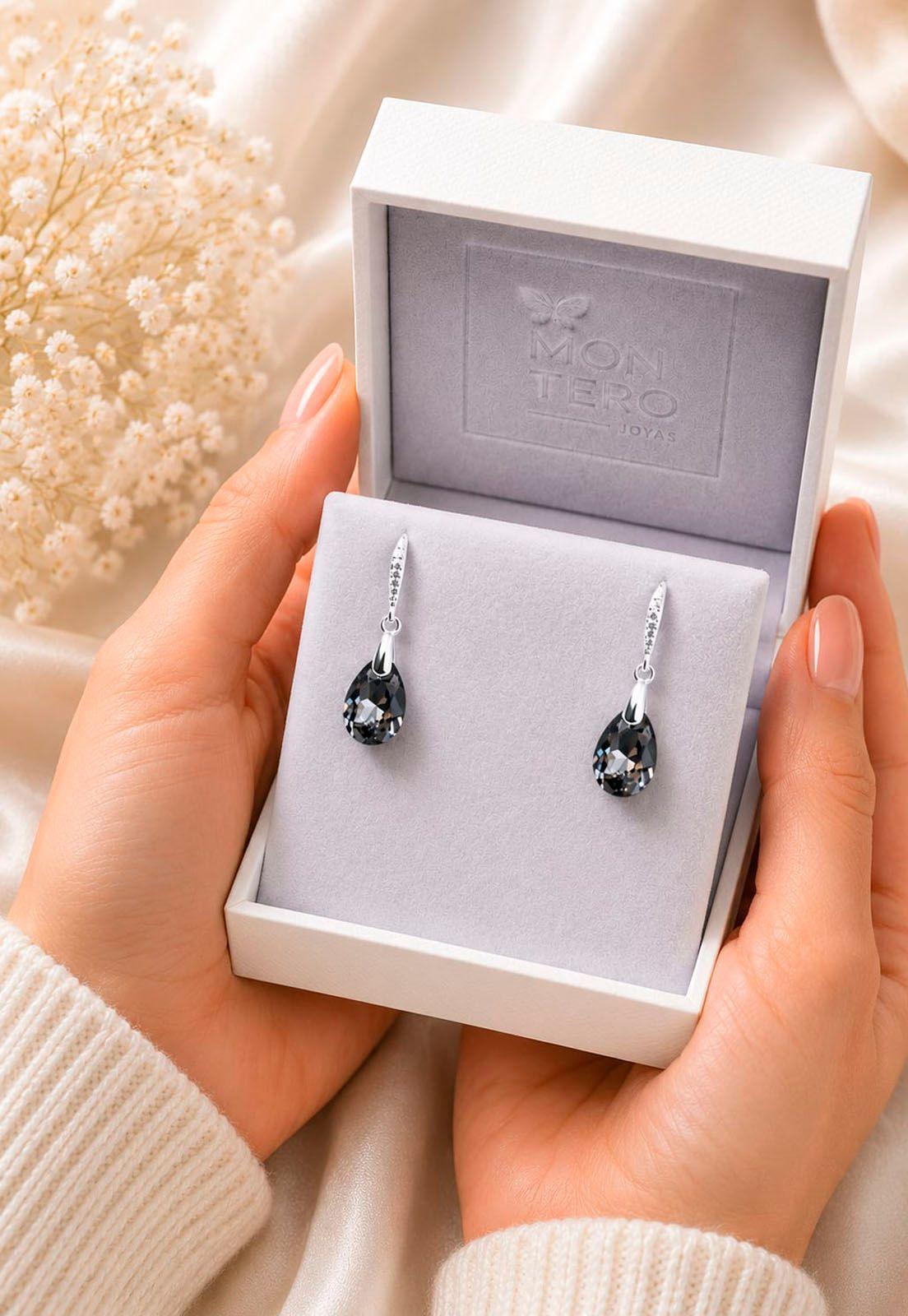 Aros Gota De Luz Plata Italiana 925 Cristal Genuino Silver Night-3