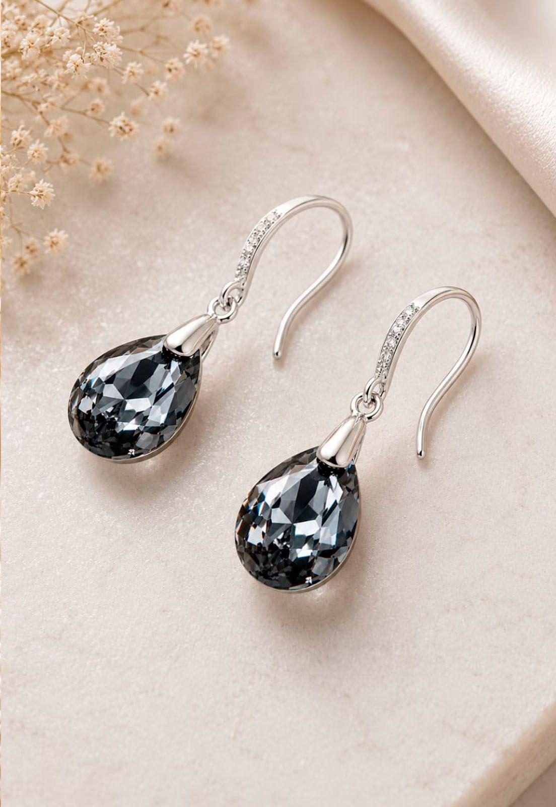 Aros Gota De Luz Plata Italiana 925 Cristal Genuino Silver Night-4