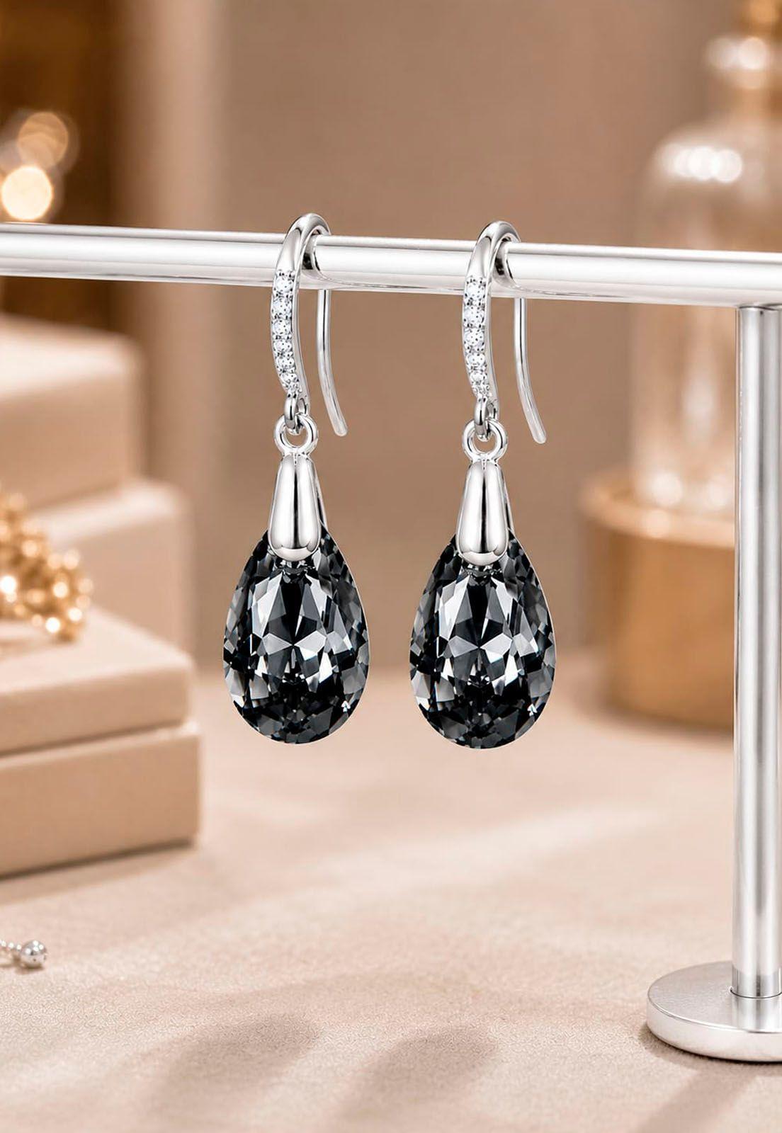 Aros Gota De Luz Plata Italiana 925 Cristal Genuino Silver Night-5