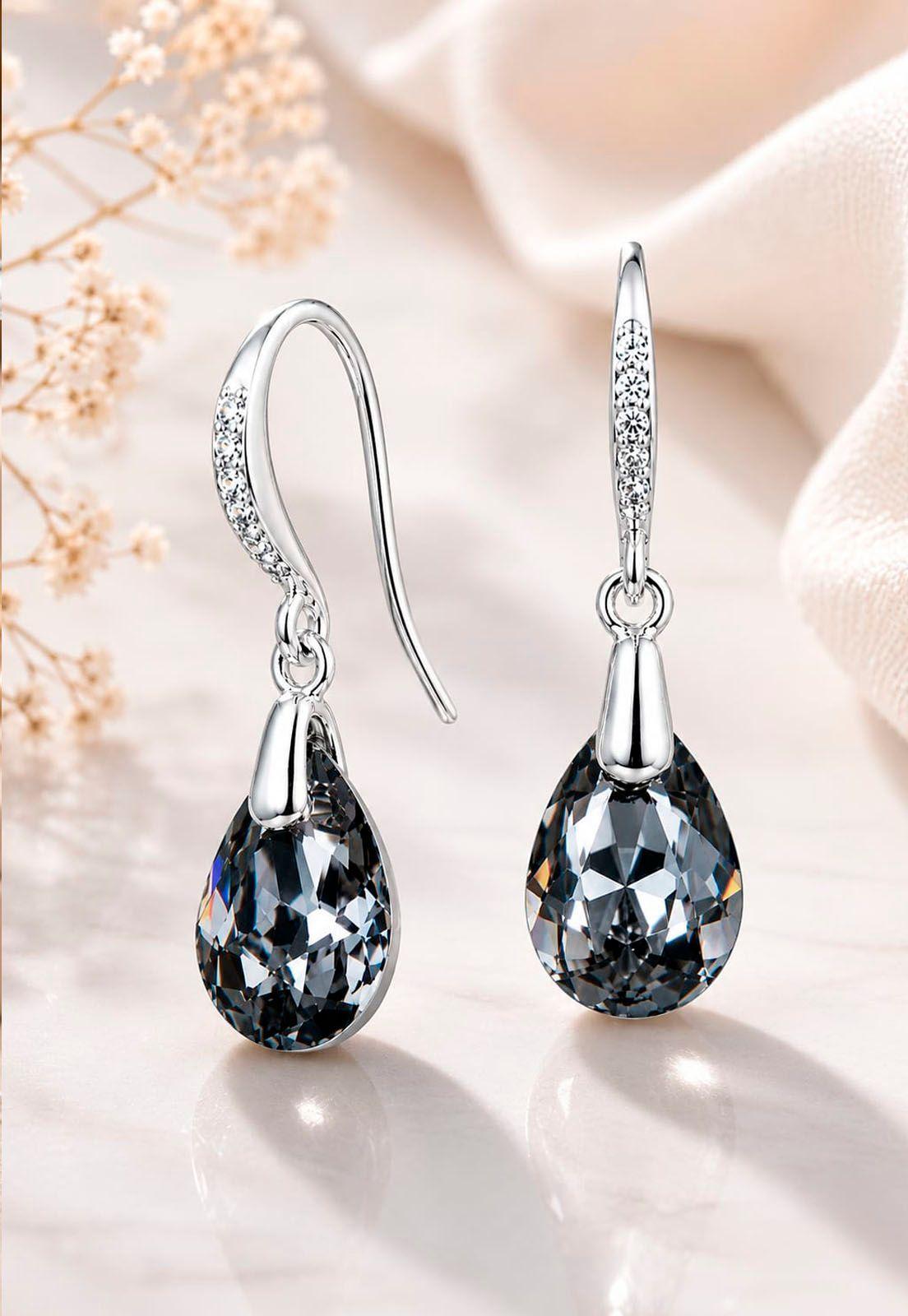 Aros Gota De Luz Plata Italiana 925 Cristal Genuino Silver Night-6