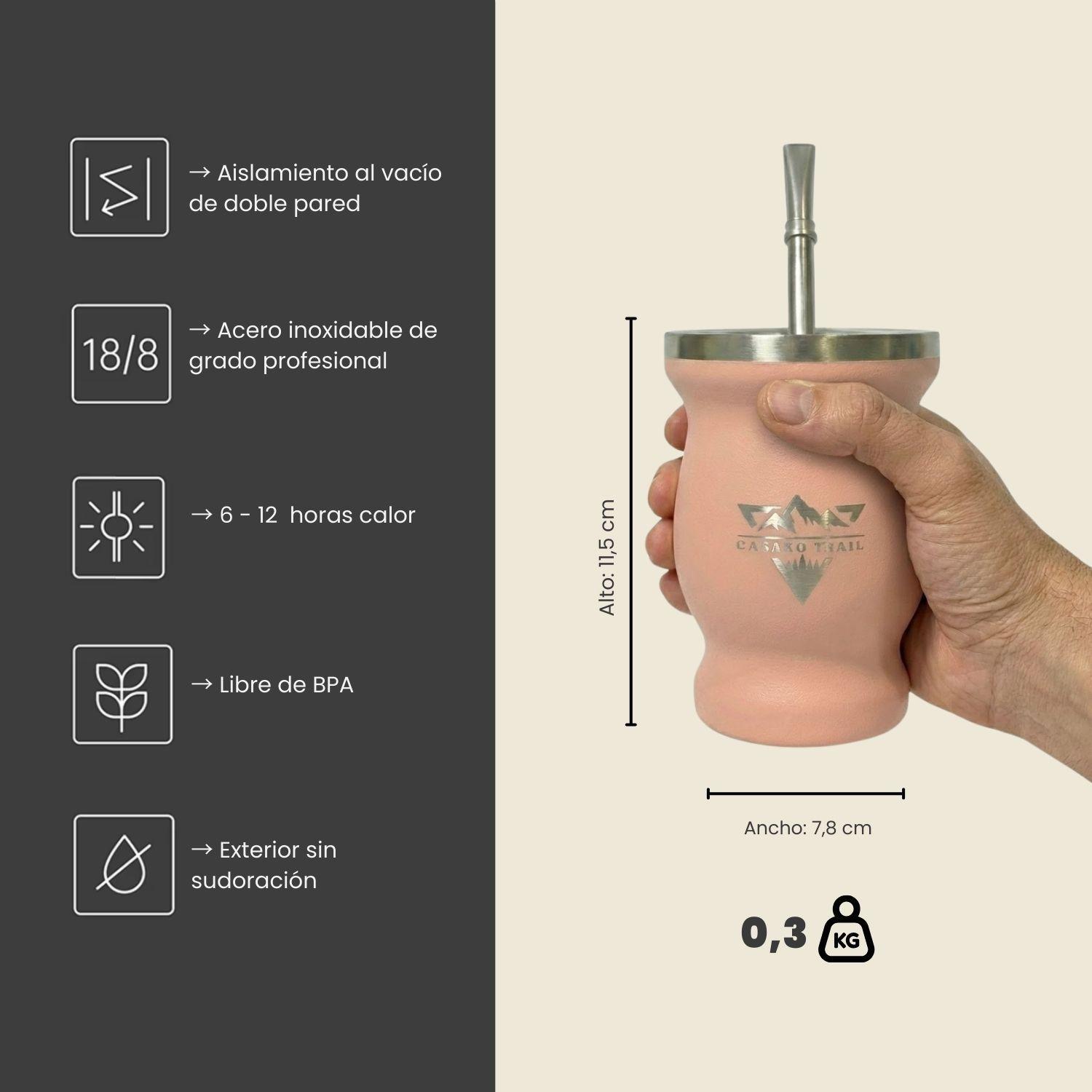 Vaso matero térmico 240 ml con bombilla acero inoxidable Set de 2 Rosa Melón-4