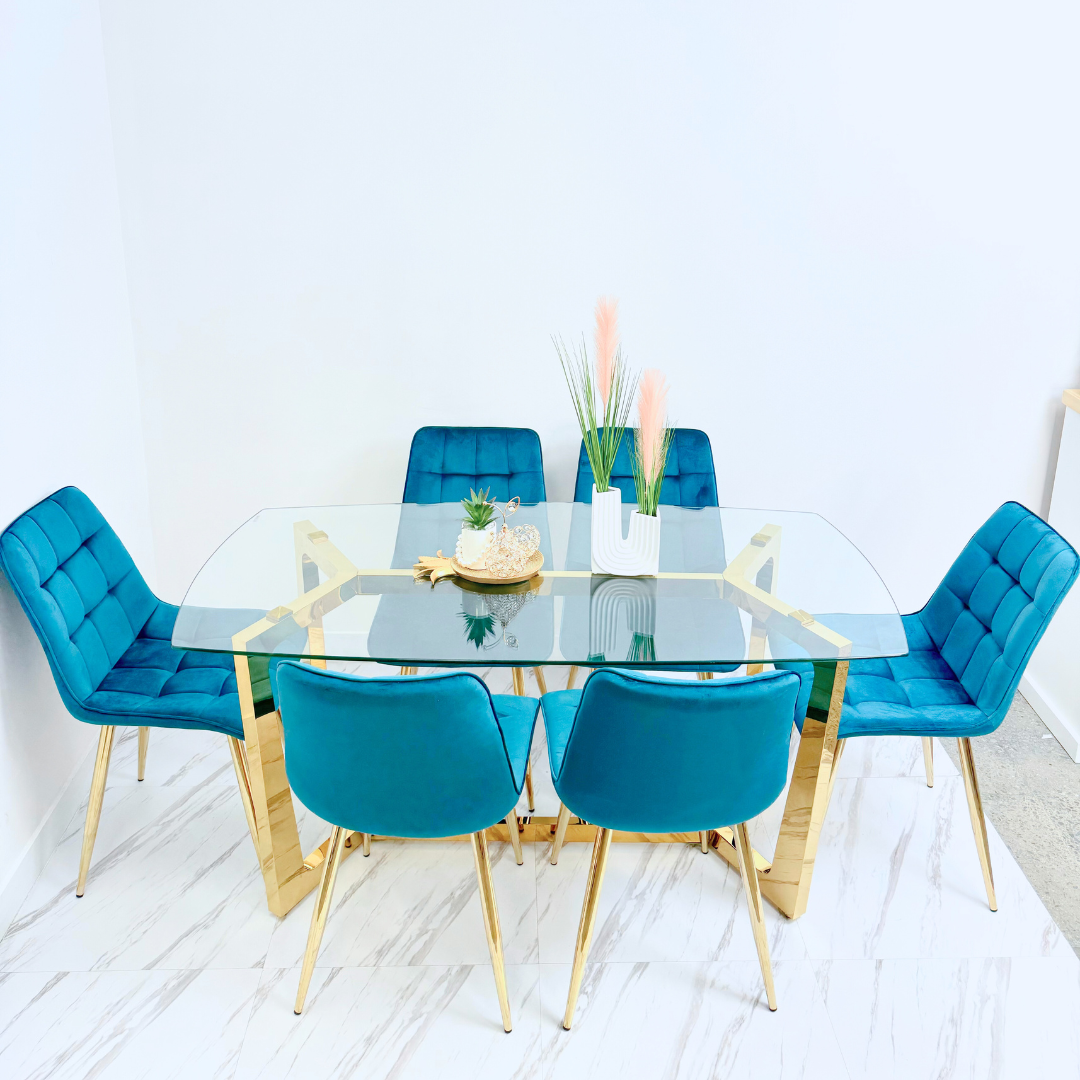 MESA DE COMEDOR CON ESTRUCTURA DORADA Y VIDRIO 10MM TEMPLADO-5