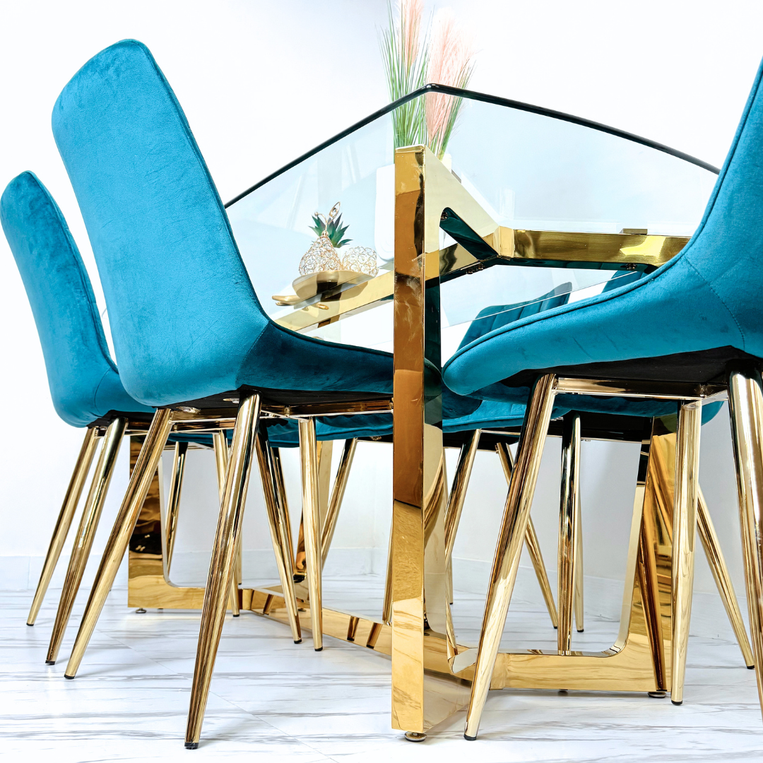 MESA DE COMEDOR CON ESTRUCTURA DORADA Y VIDRIO 10MM TEMPLADO-6