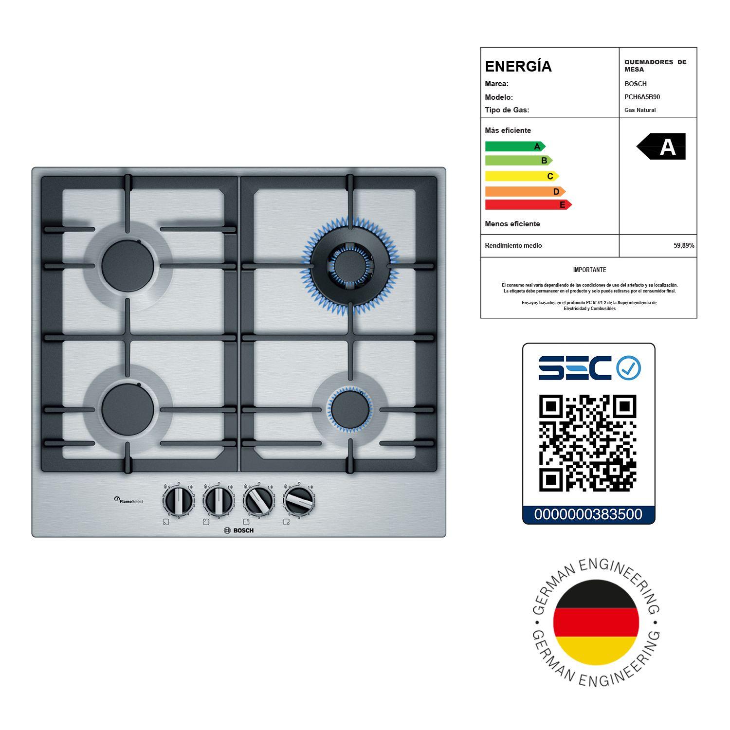 Encimera a Gas Bosch PCH6A5B90 60cm 4 quemadores Acero Inox-6