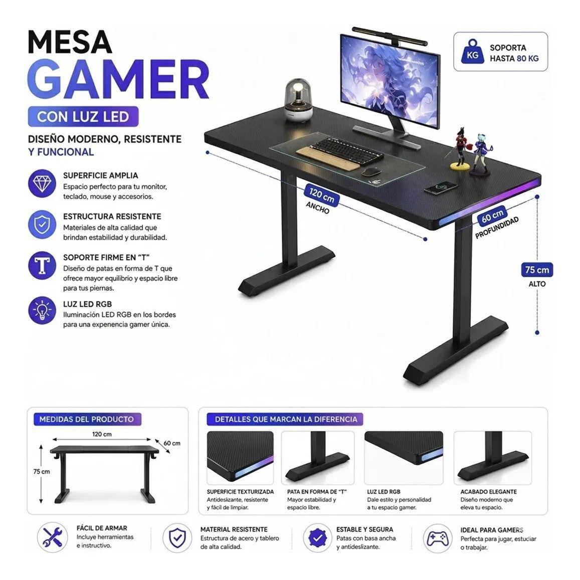 Escritorio gaming 120 cm con luz RGB superficie antideslizante y patas en T-1