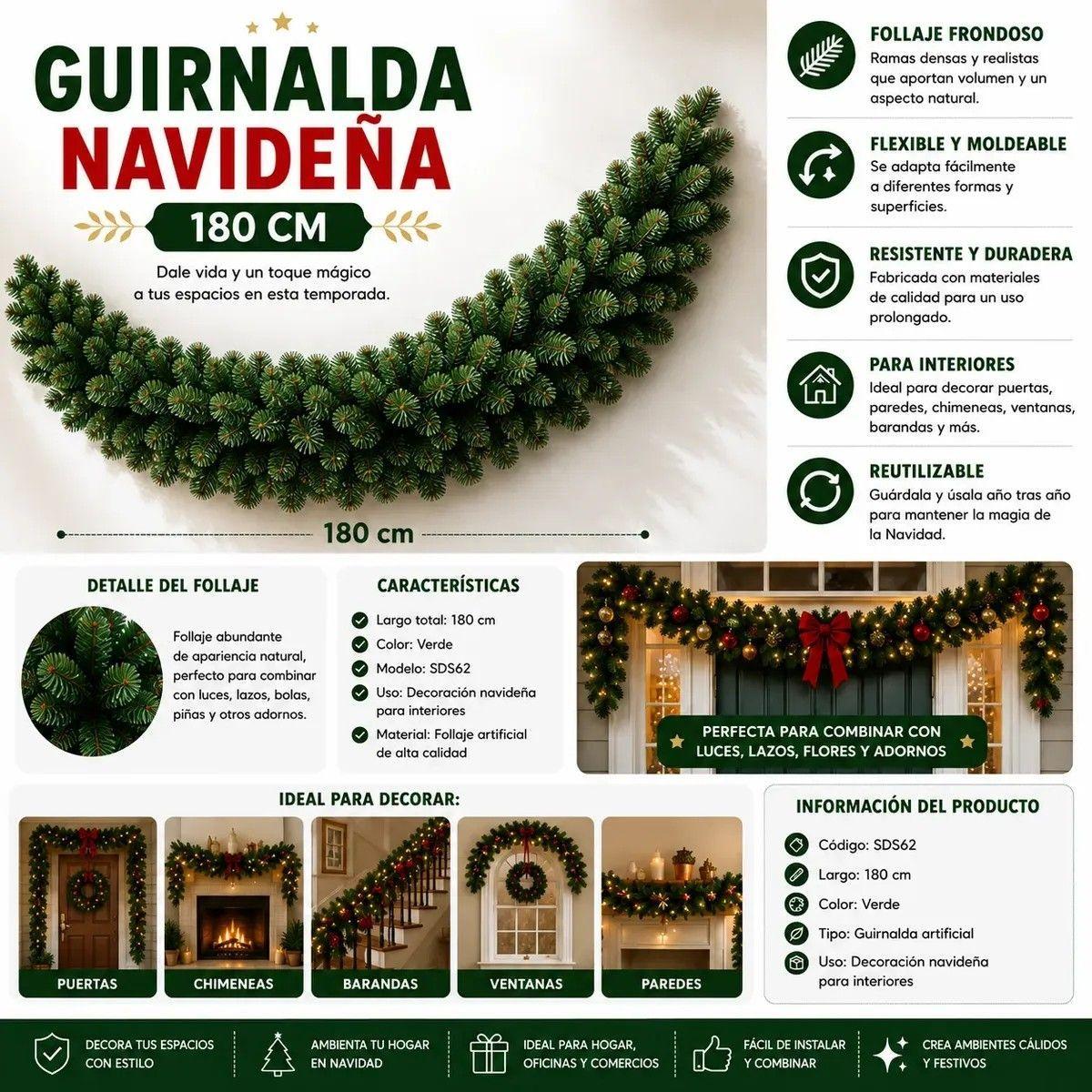 Guirnalda Navide a Pino Verde 180 Cm Decoracion Navidad-1