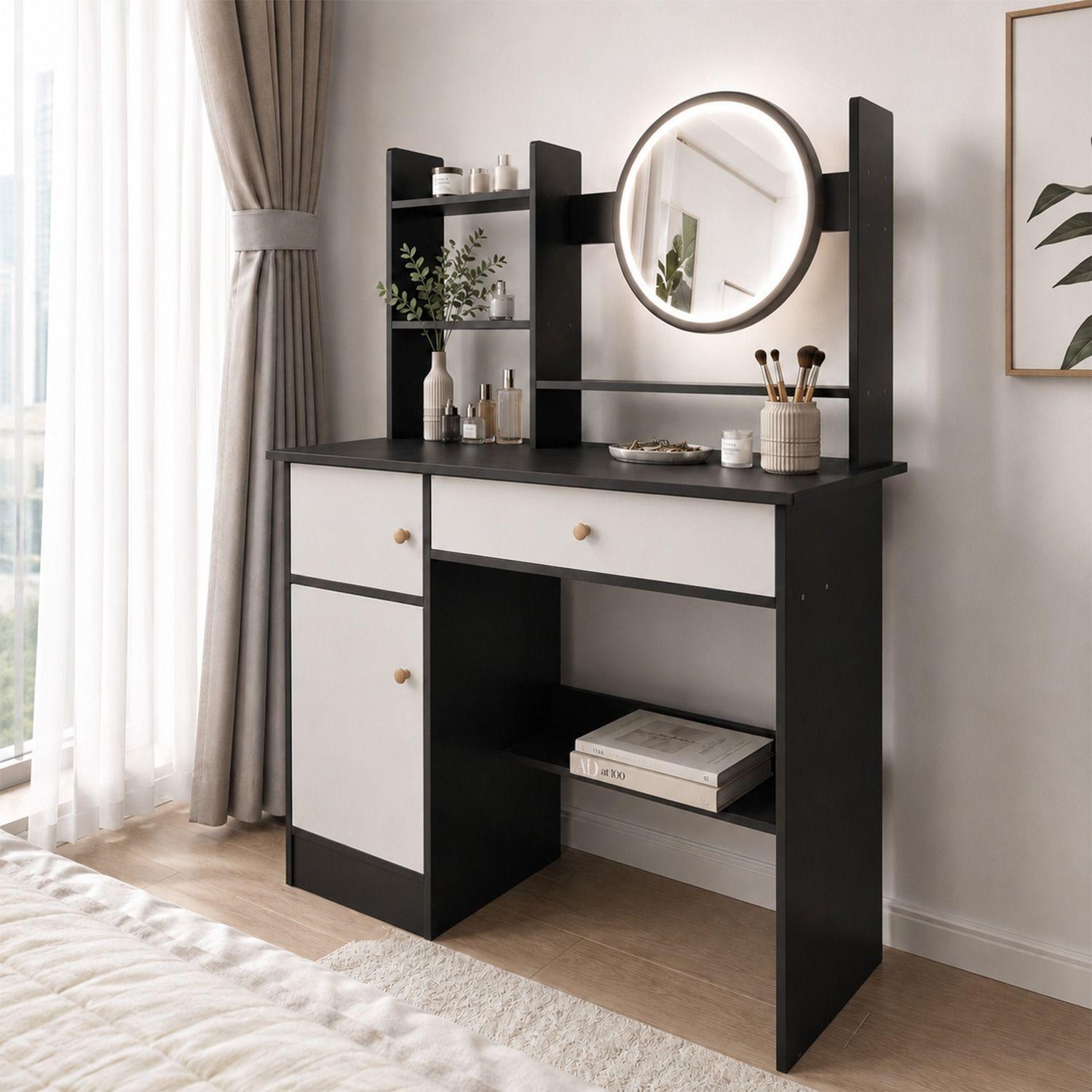 CÓMODA TOCADOR MODERNO Negro CON 3 AJUSTES DE BRILLO-2