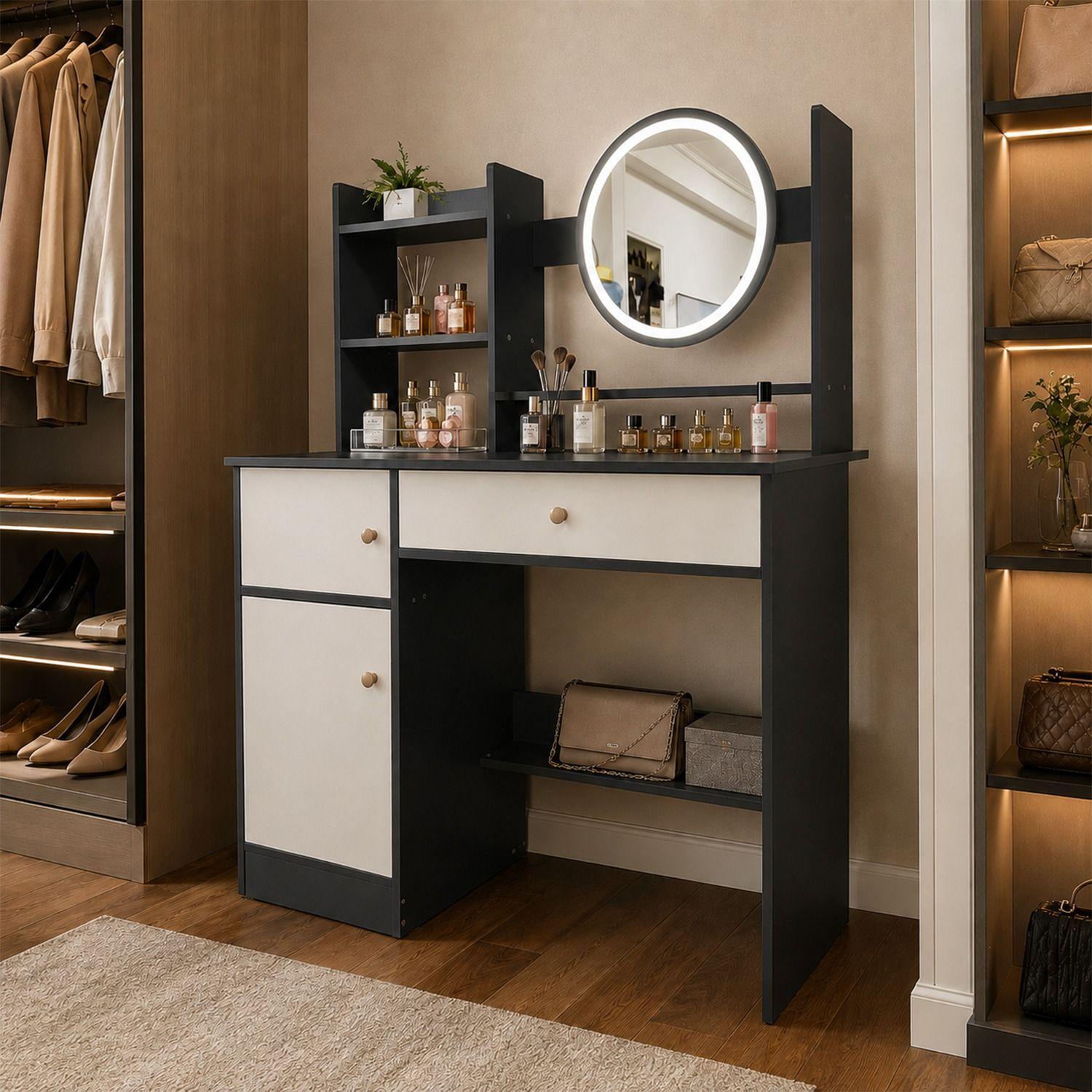 CÓMODA TOCADOR MODERNO Negro CON 3 AJUSTES DE BRILLO-3