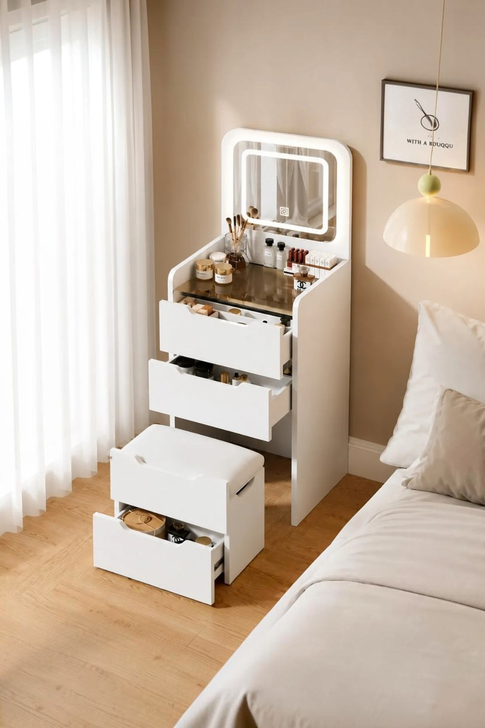 Tocador de Maquillaje Premium con Espejo LED T ctil y Banqueta Organizadora-1