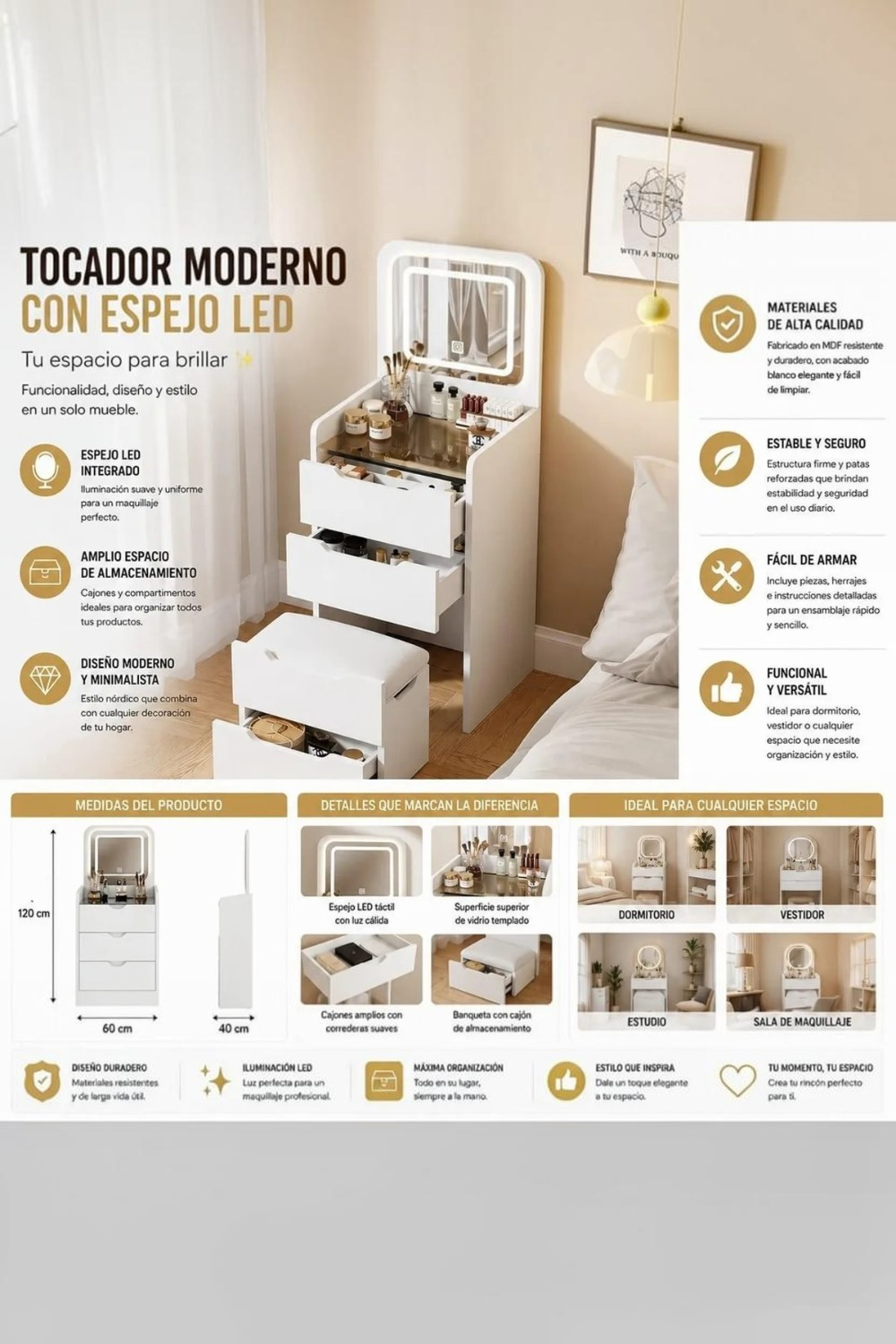 Tocador de Maquillaje Premium con Espejo LED T ctil y Banqueta Organizadora-2