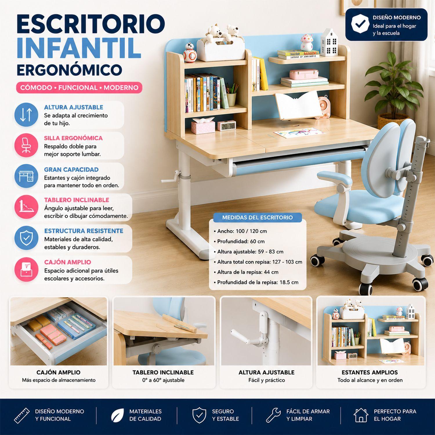 ESCRITORIO DE NIÑO AJUSTABLE EN ALTURA CON SOPORTE MAS SILLA-1