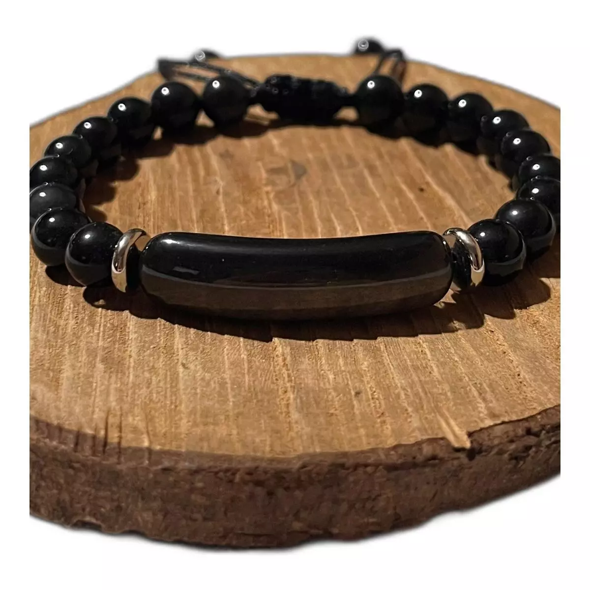 Pulsera de Obsidiana Negra Natural Negro Ajustable para Hombre-1