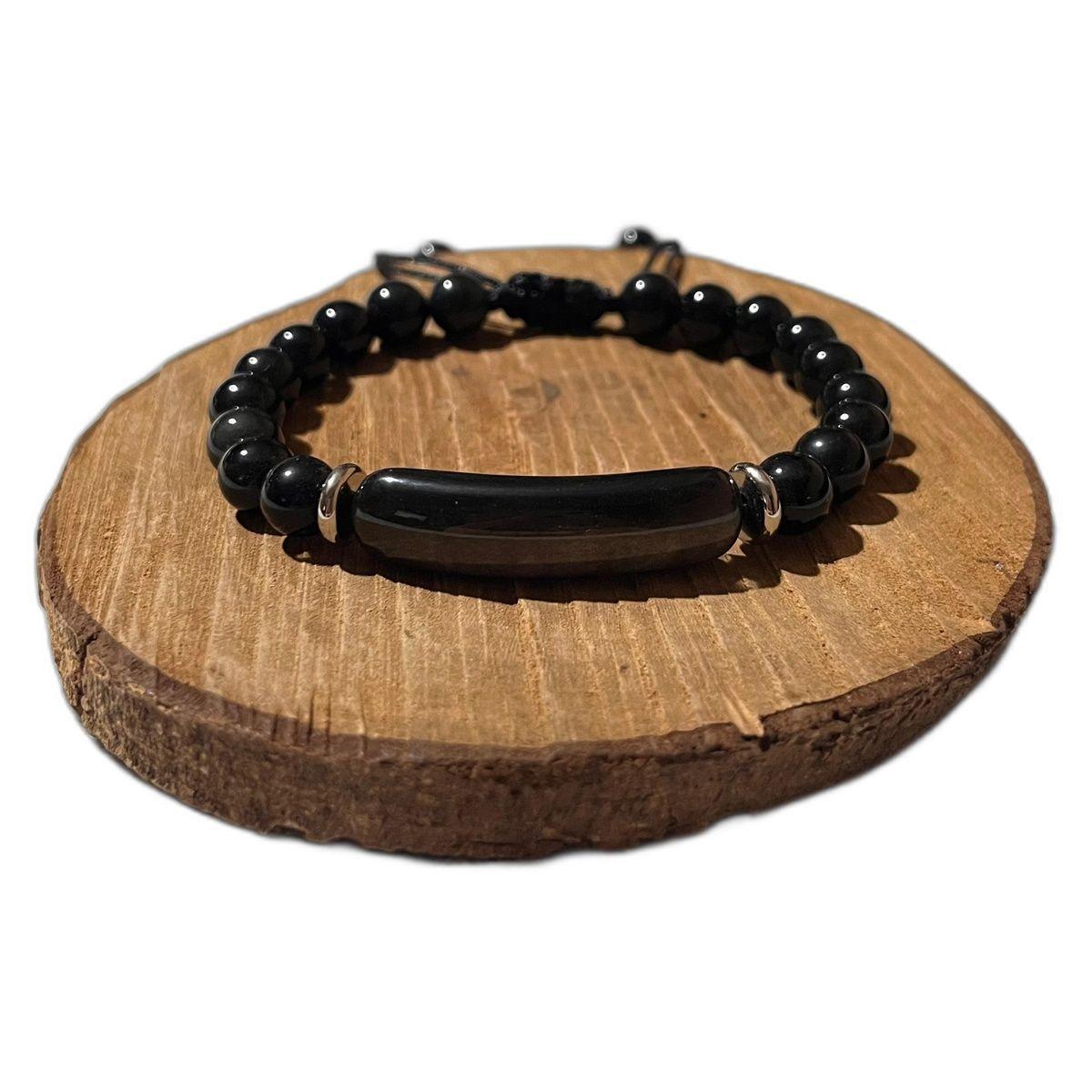 Pulsera de Obsidiana Negra Natural Negro Ajustable para Hombre-3
