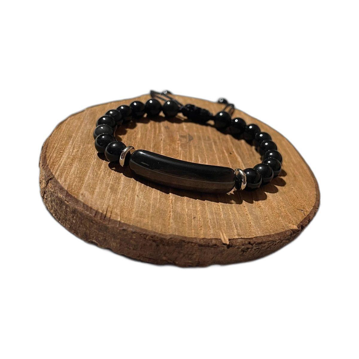 Pulsera de Obsidiana Negra Natural Negro Ajustable para Hombre-4