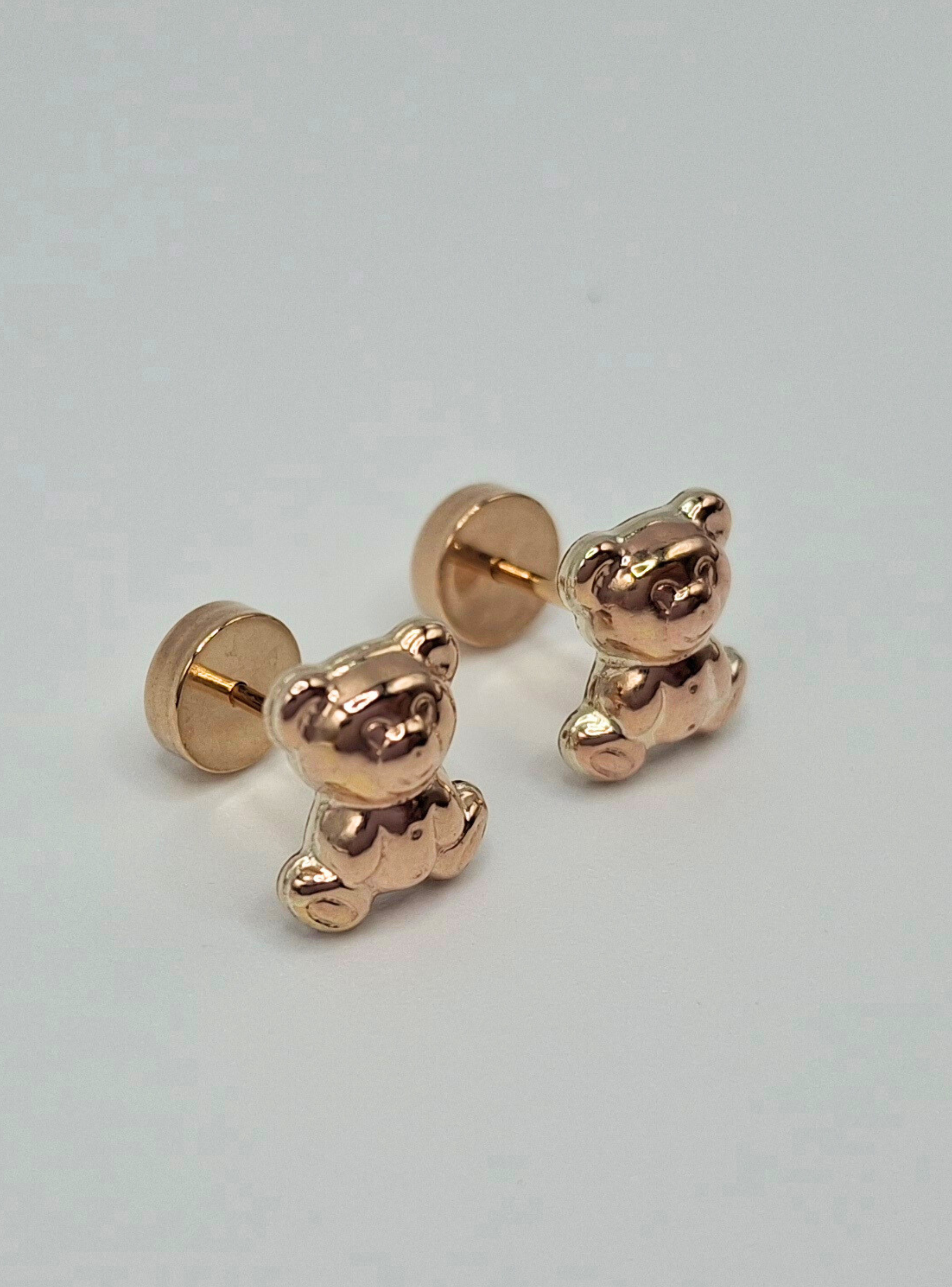  Aros abridores para bebé y niña modelo oso, laminados en oro de 20k.-3
