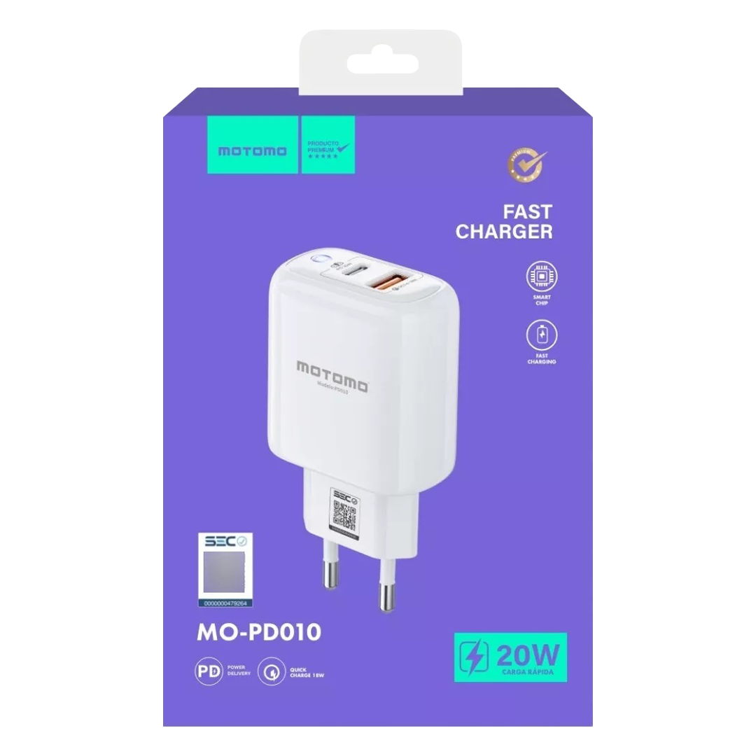 Cargador Certificado de Carga Rápida - 20W. USB 3.0 QC + PD / Motomo Modelo MO-PD010-4