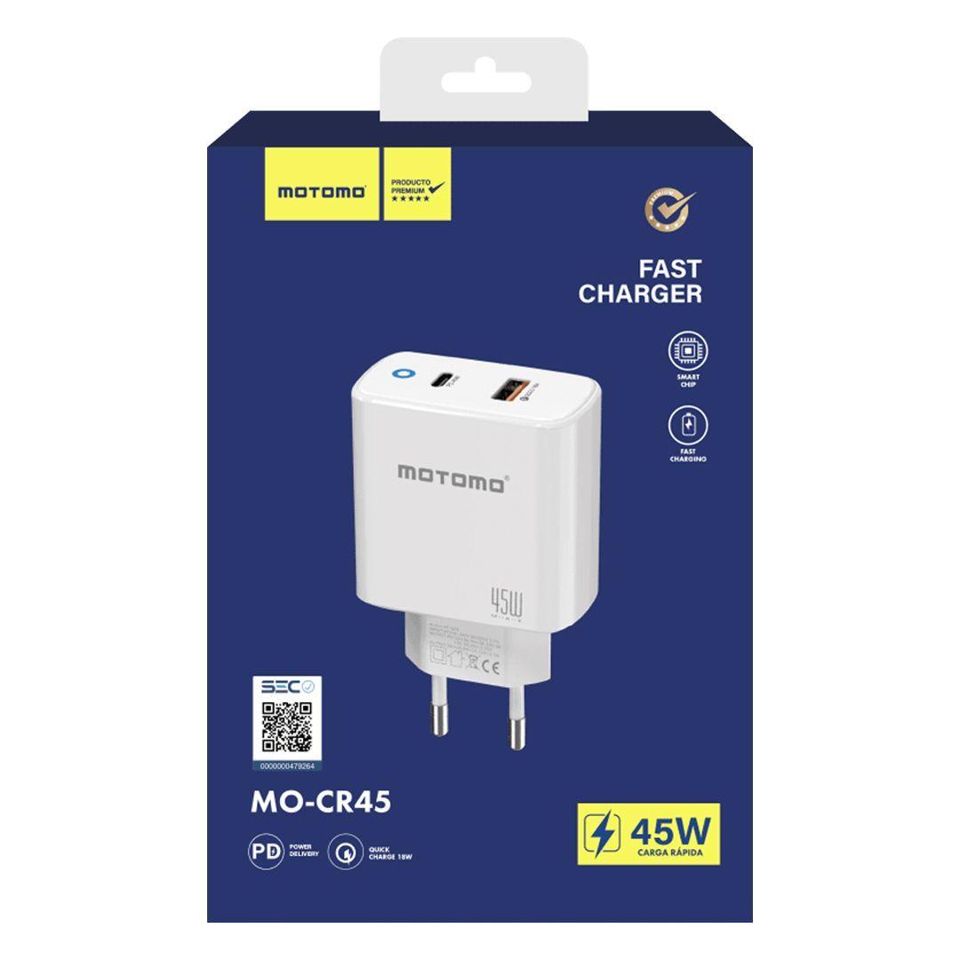 Cargador Pared 2 Puertos + QC18W. Sin Cable Motomo MO-CR45-3