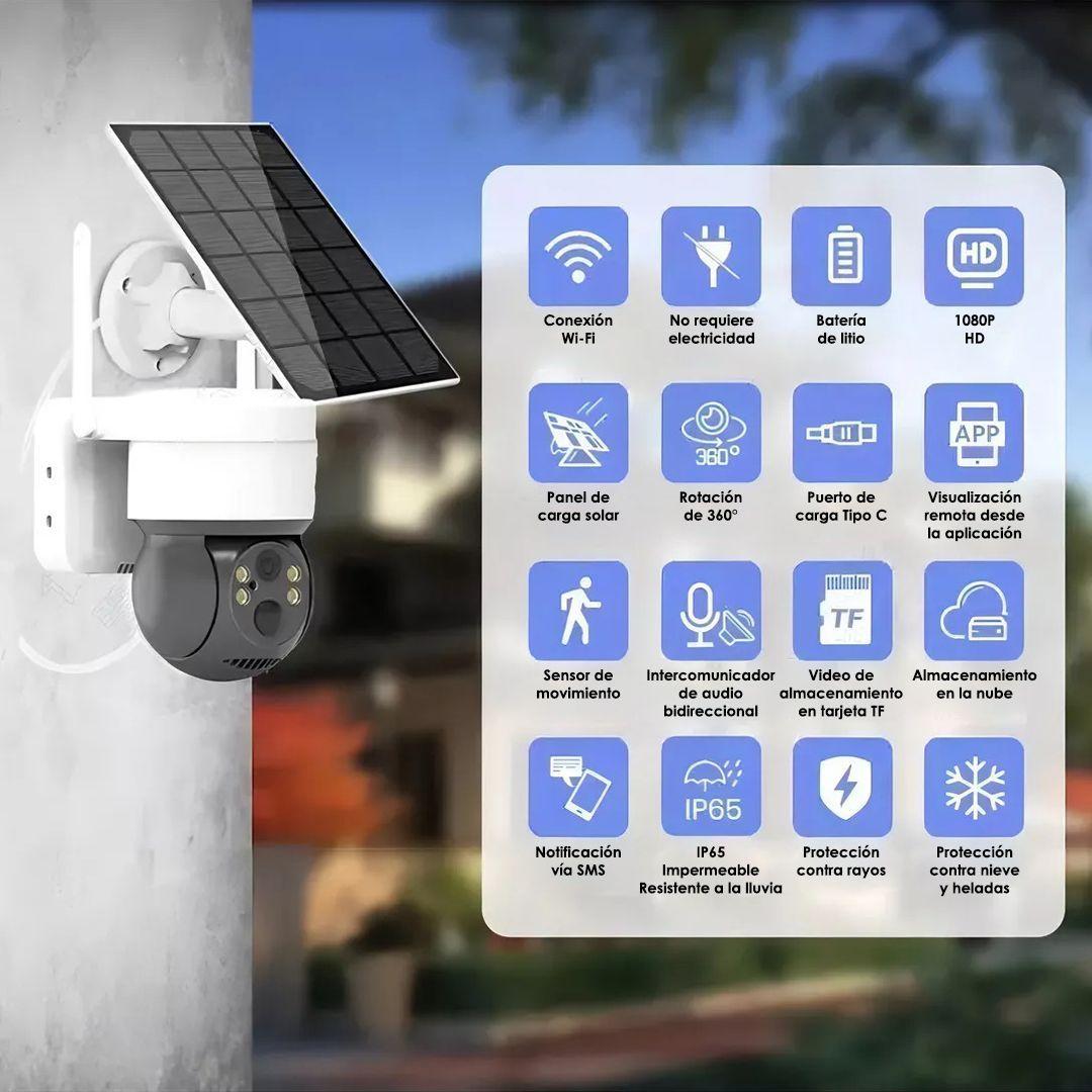 Cámara Wi-Fi con Panel Solar Sensor de Movimiento Espacios Interiores Exteriores Inalámbrica IP1080-6