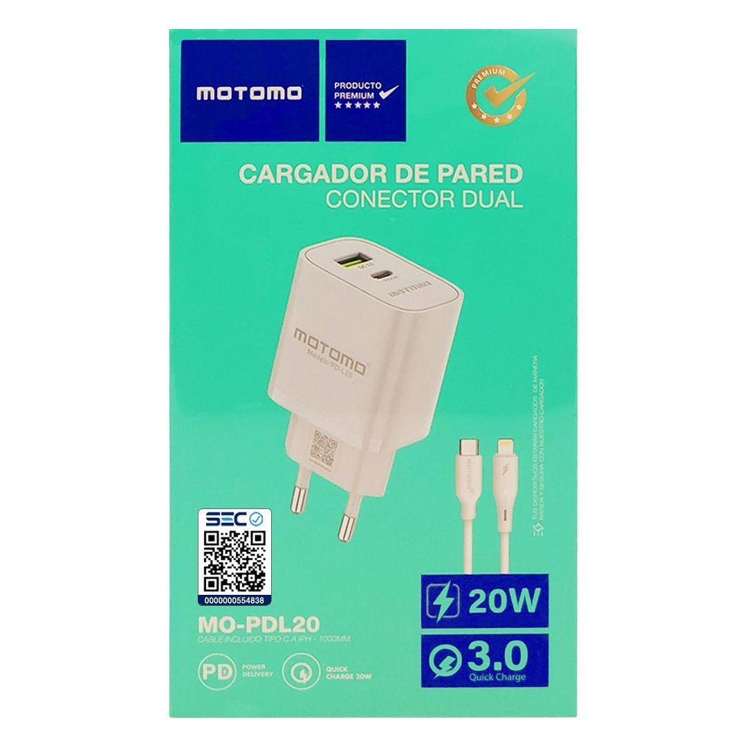 Cargador Pared Doble USB-C / Lightning 20W. Motomo MO-PDL20-3