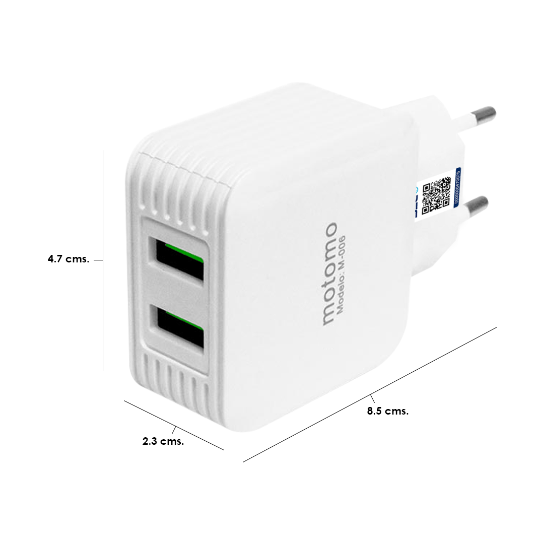 Cargador Certificado - 12W. Doble Puerto USB 2.1 - Con Cable Tipo USB a Tipo C / Motomo Modelo M 006-2