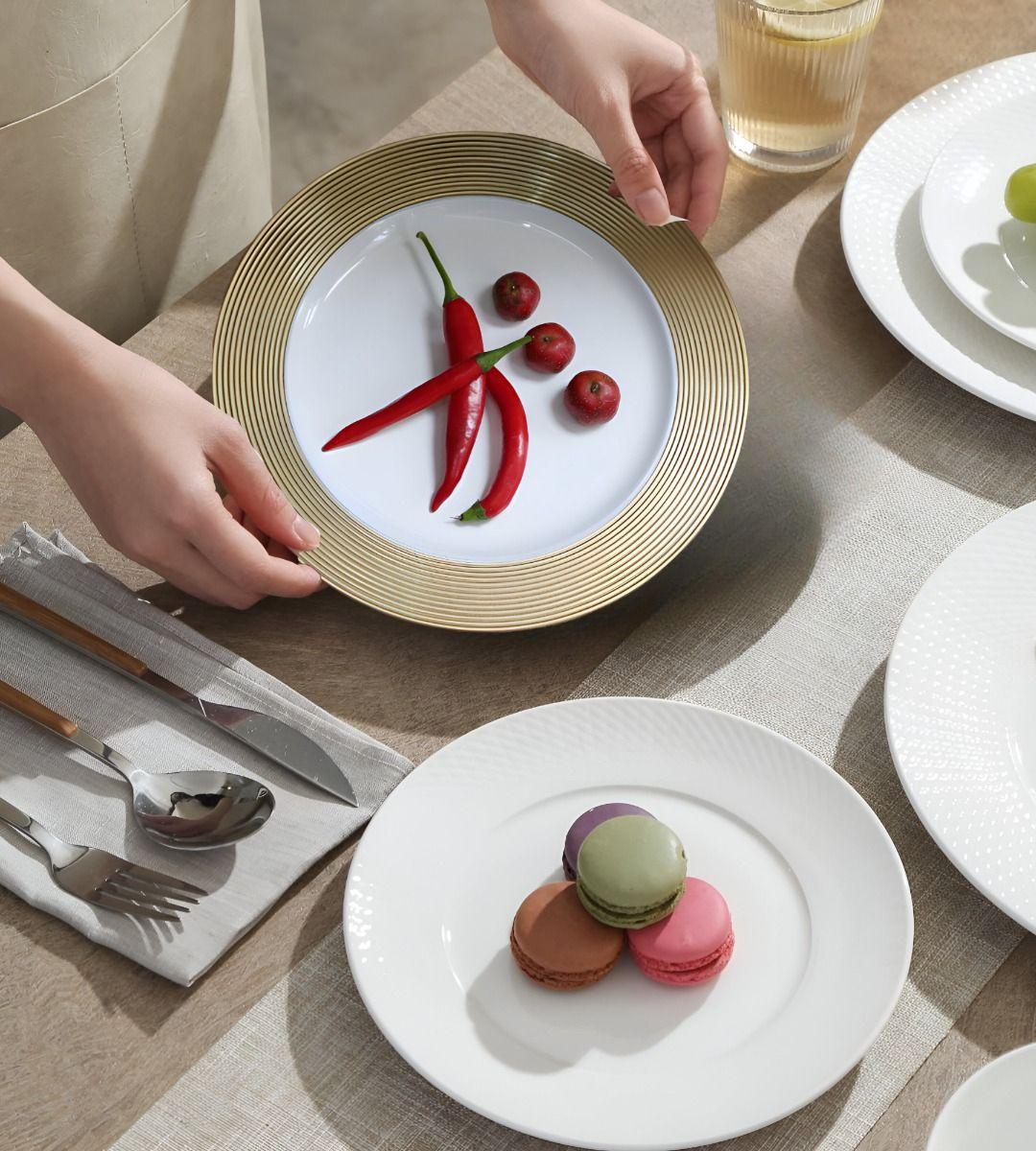 Set 3 Plato Base Blanco Borde Dorado Decorativo Redondo Jhn-2