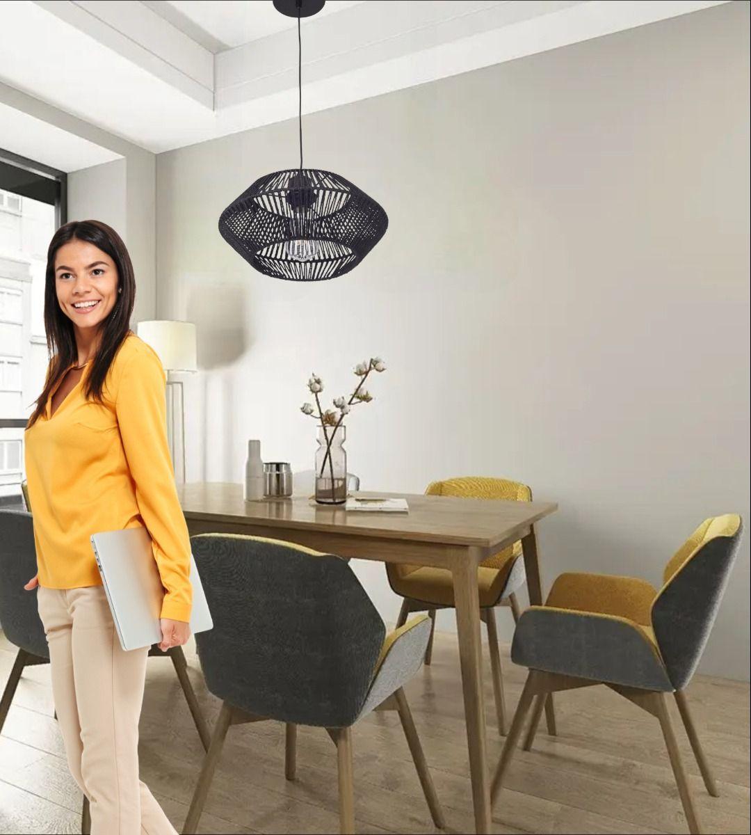 Lámpara Techo Colgante Jaula Ratán Tejida Bohemio Negro Jhn-4